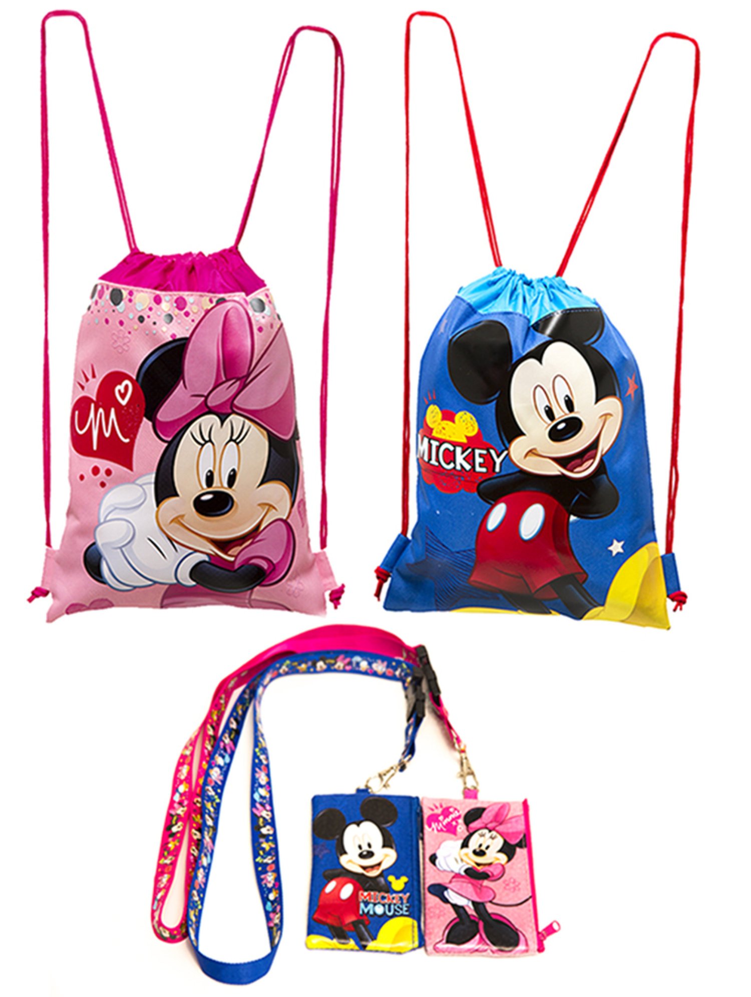 (4ct) Mickey & Minnie Mouse Drawstring Backpack - Lanyards with Detachable Coin Purse