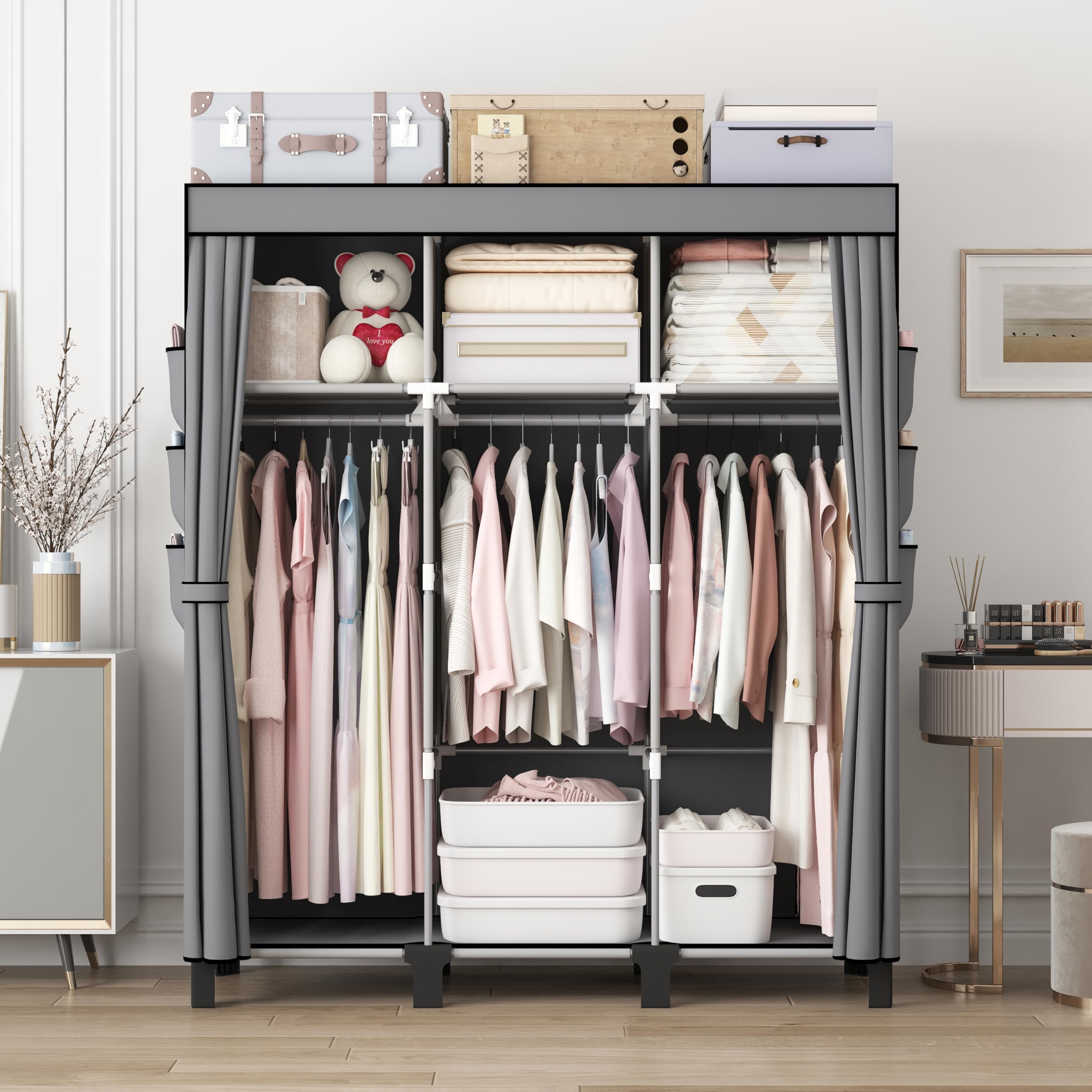 Tragbarer Schrankschrank mit 3 Hängebereichen und Seitentaschen, stabiler Kleideraufbewahrungs-Organizer mit Installationshammer, 51 W, schwarzer Schlafzimmerschrank (grau)