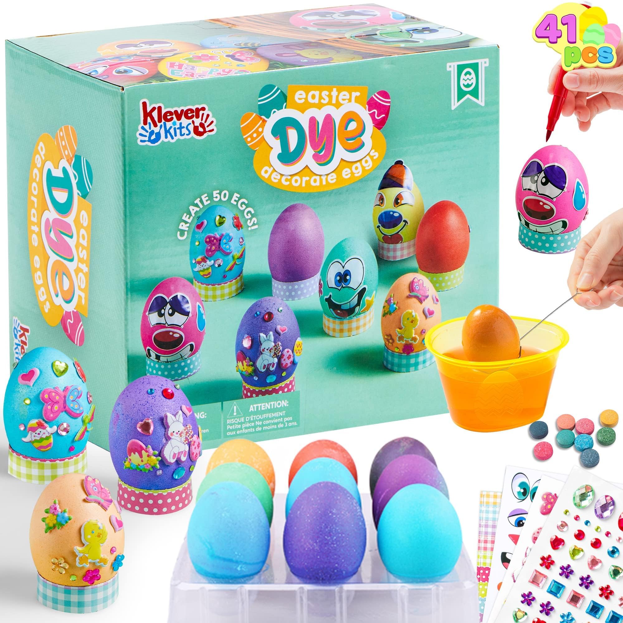 Klever 41 Pcs Easter Egg Decorating DIY Kit with Dye Tablets and Easter Stickers, Coloring Dyeing Set for Kids Theme Party, Egg Hunt Creativity Activity