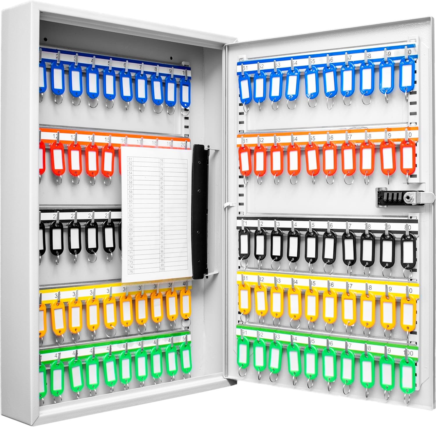 Barska 100 Position Combination Key Lock Box – Wall Mount Steel Key Cabinet with Adjustable Numbered Hooks, Index Log, Colored Tags for Office or Business- Key box wall mount - Key locker - Storage