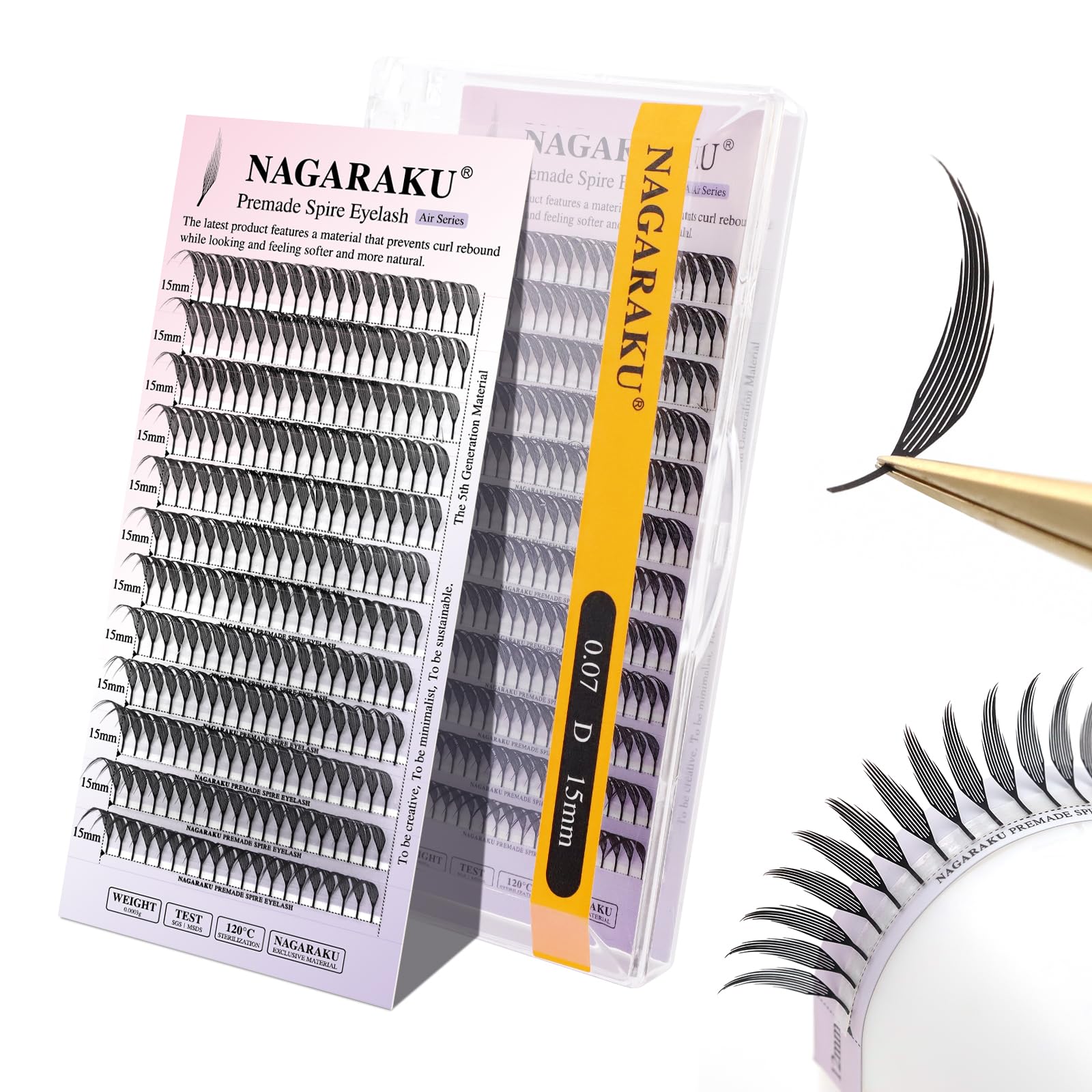 NAGARAKU Premade Spire Eyelash Extensions Air Series Feather Shape Manga Anime Individual Lashes Volume Soft Black Flat Root