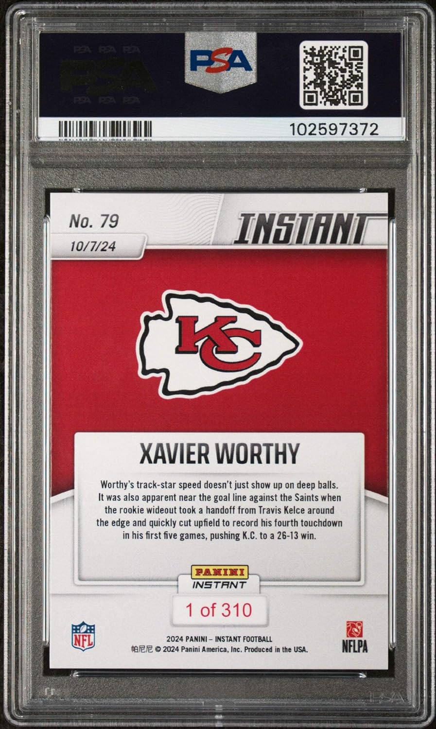Graded 2024 Panini Instant NFL Xavier Worthy #79 Rookie RC Football Card PSA 10 Gem Mint