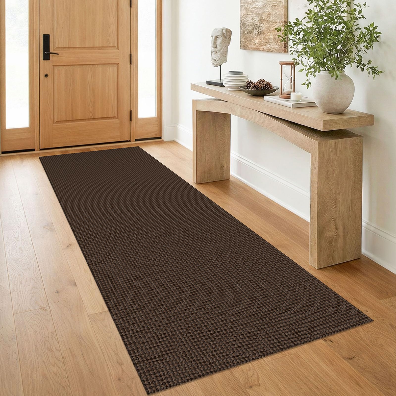 IOHOUZE Washable Runner Rug 3x8 Non Slip Rubber Backed Wide Hallway Runner Entryway Runner Indoor, Kitchen Rugs Woven Floor Carpet for Hall Entrance Bedroom, Brown