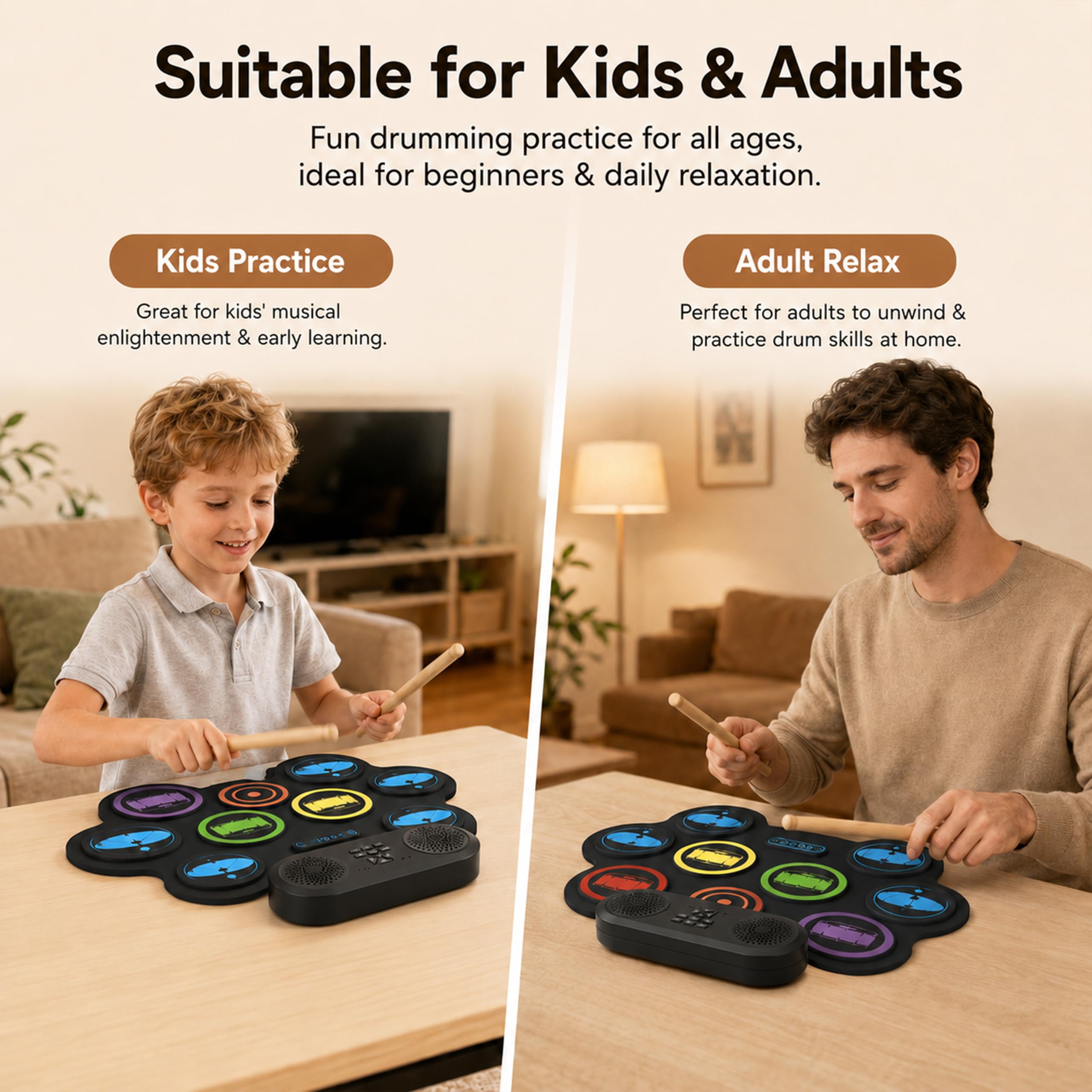 Batería Electrónica Portátil Enrollable para Niños y Adultos, 9 Almohadillas Silenciosas con Altavoz Bluetooth, Batería Musical para Principiantes, Kit Completo con Pedales y Baquetas