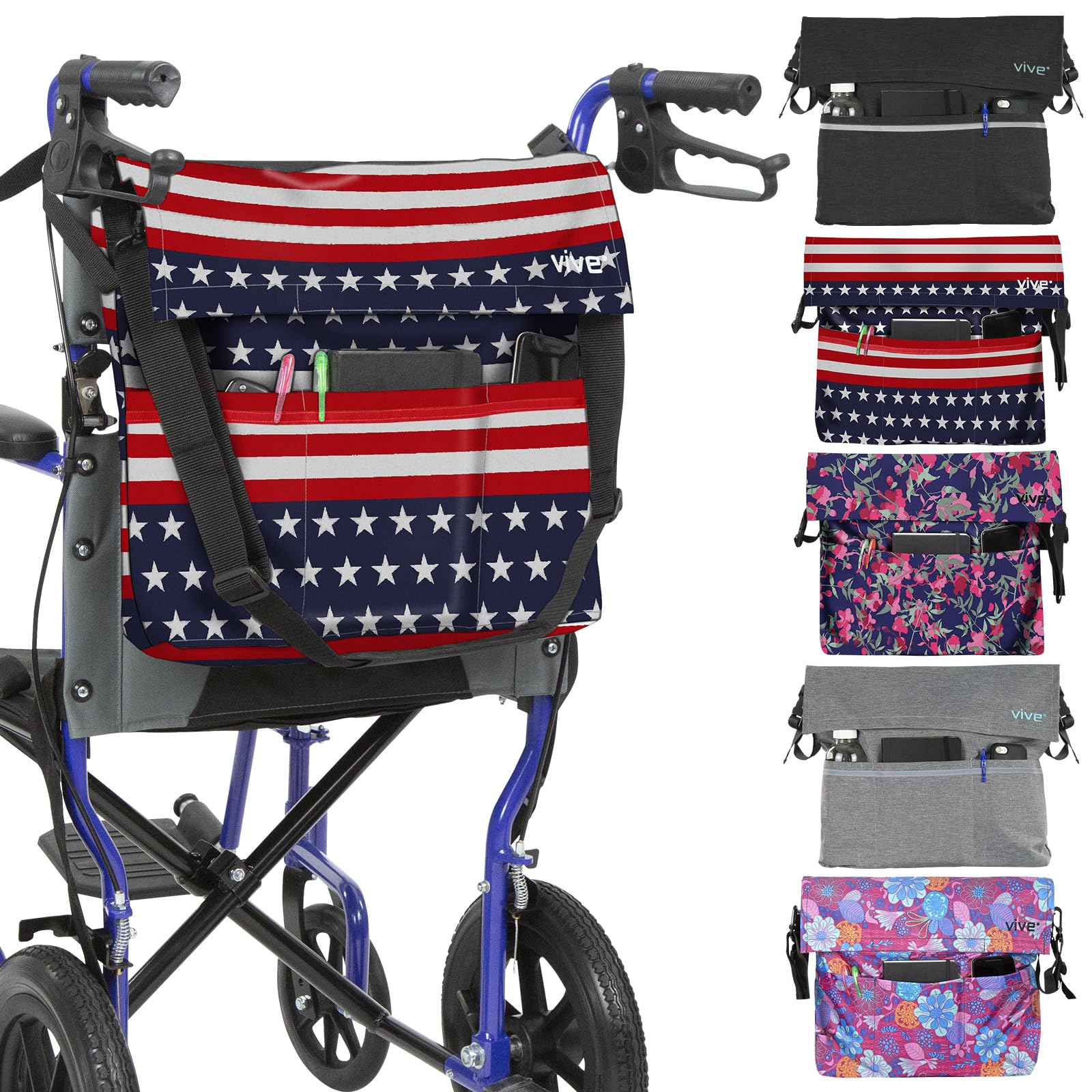 Vive XL Wheelchair Bag - Waterproof, Scratch-Resistant, Double-Stitched, Machine Washable Accessory for Adults, Seniors, 15 Colors - Storage Walker Backpack to Hang on Back of Wheel Chair