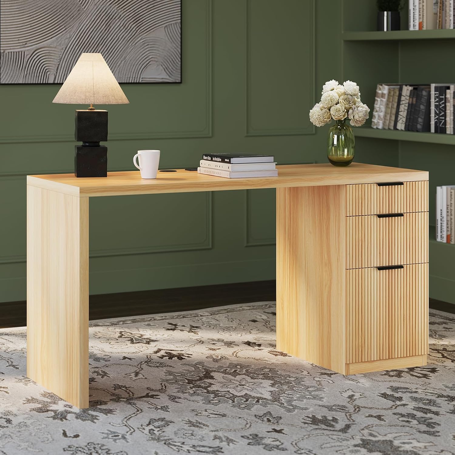 FURSUN 58" Home Office Desk with Power Outlet & File Cabinet, Modern Fluted Executive Desk with 3 Storage Drawers, Large Computer Workstation for Study & Bedroom, Oak