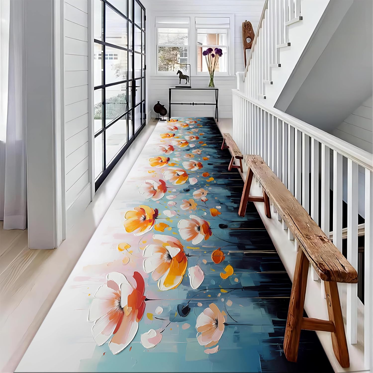 Spring Summer Floral Runner Rug, 1.3x7ft, Modern Art Oil Painting Floral Long Hallway Rug Runners, Foldable Absorbent Carpet, Machine Washable Dirty Resistant Entrance Rugs for Living Room