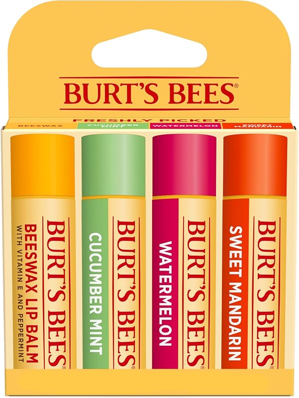 Burt's Bees Bálsamo Labial com Cera de Abelha, Beeswax, Cucumber Mint, Watermelon e Sweet Mandarin, 4 Tubos, 4 Unidades