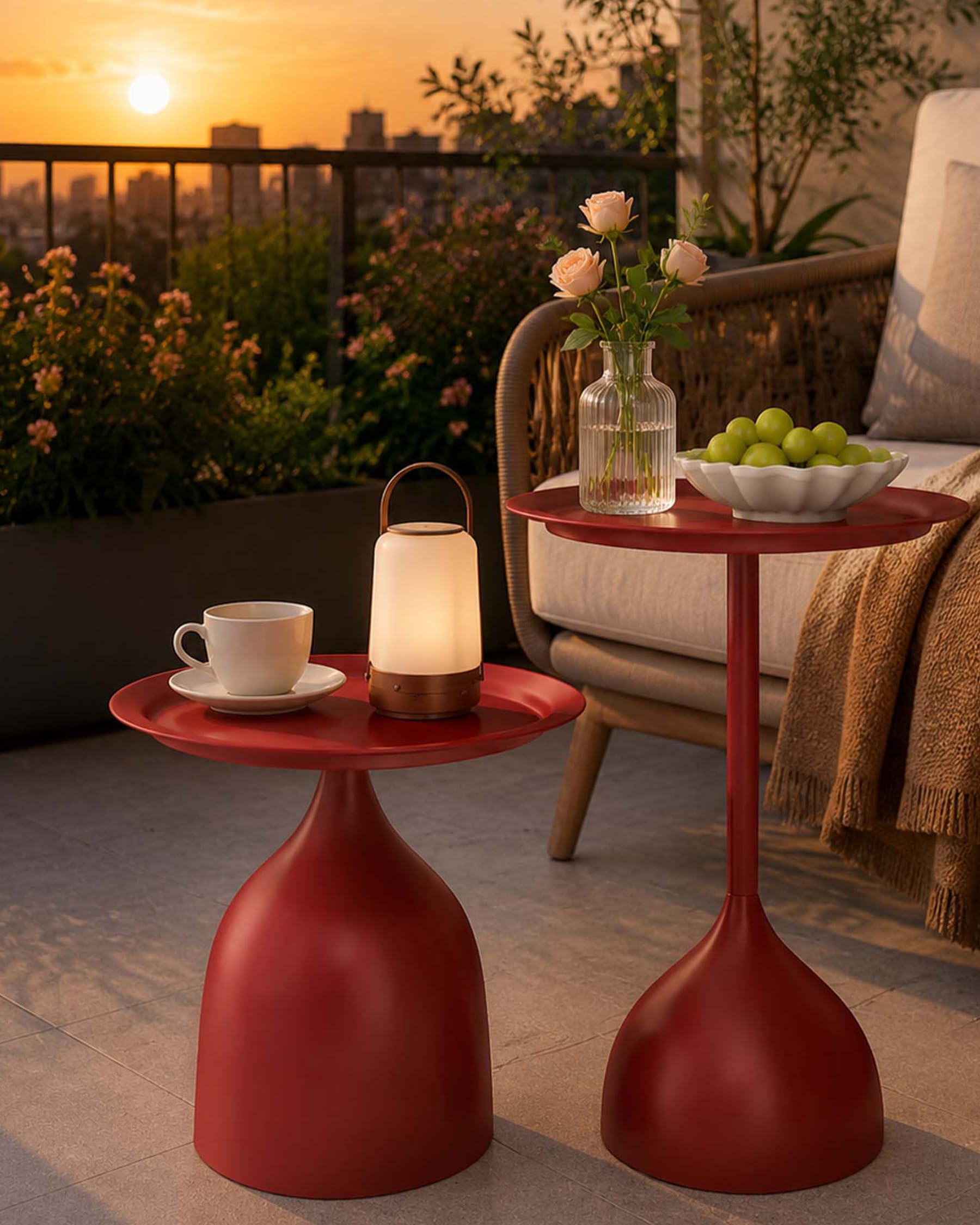 Lot de 2 Tables d'Appoint Extérieur Métal Étanche Ø40 cm Rouge - Table Basse de Jardin Moderne