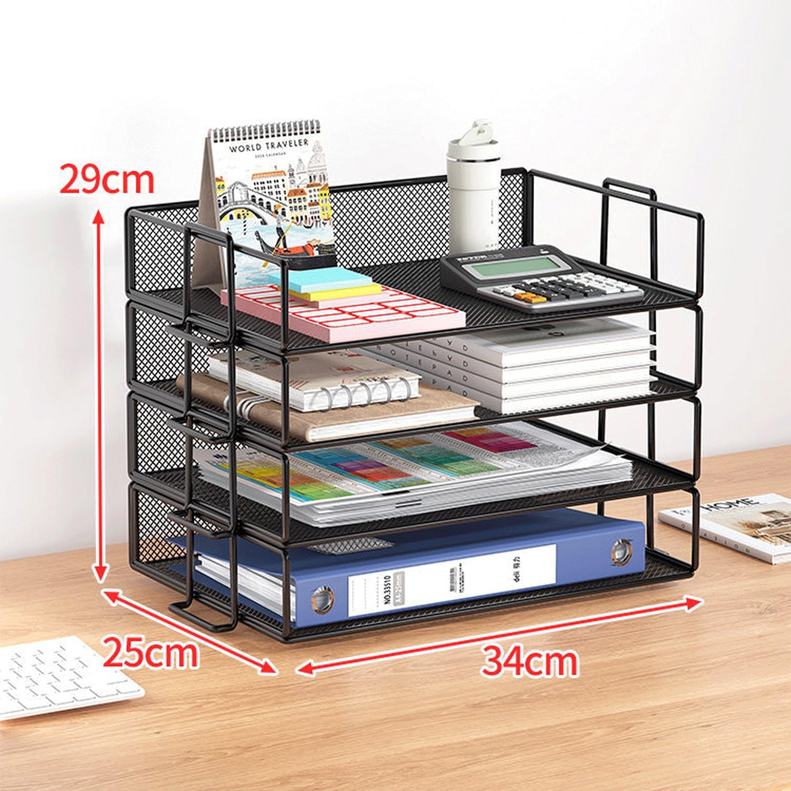 Vassoi Portadocumenti in Maglia Metallica, Organizzatore da Scrivania Impilabile per aula di studio a casa in ufficio(Black,4 tier)
