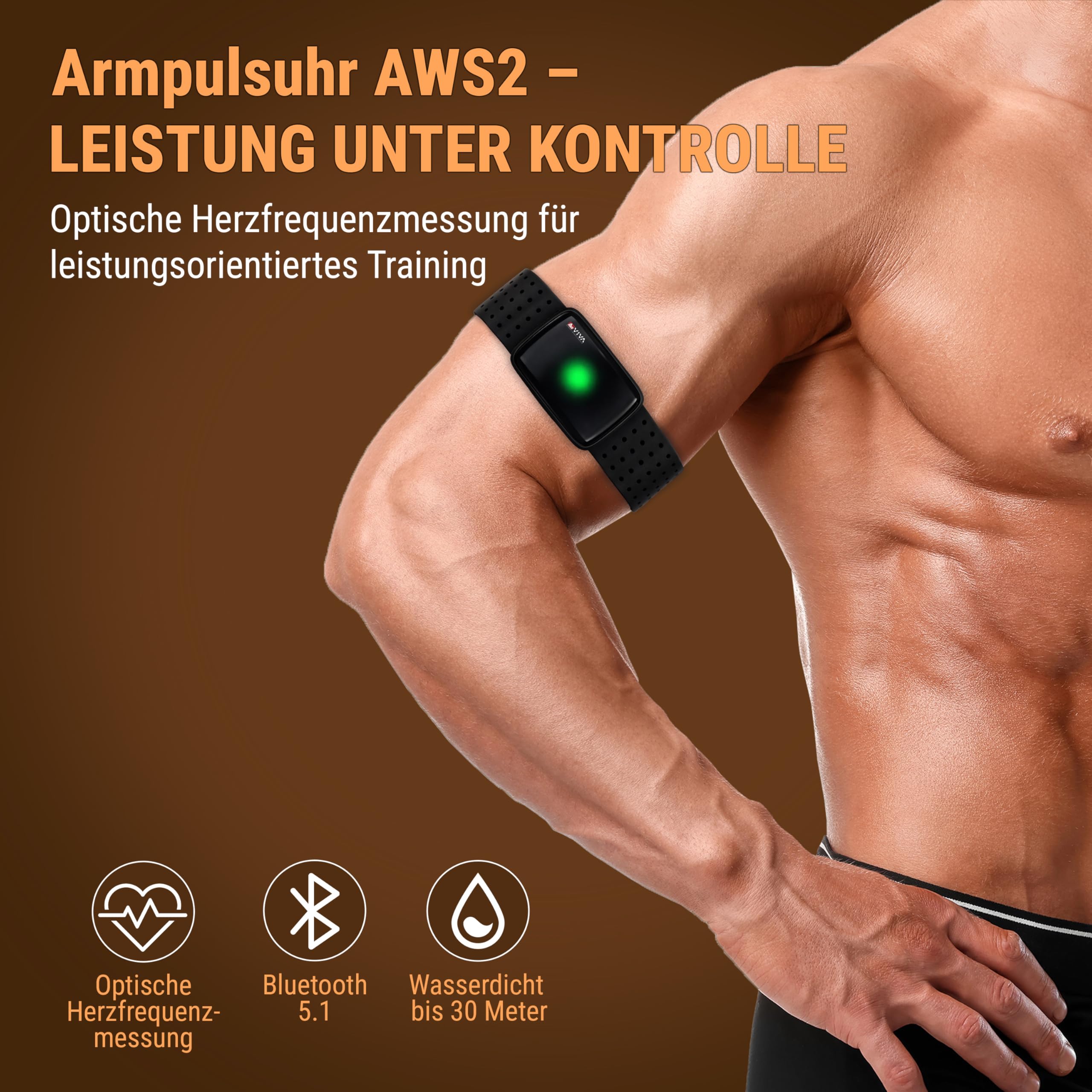AsVIVA AWS2 Herzfrequenz-Armband – Optischer Pulssensor mit LED-Pulszonen, Bluetooth & ANT+, kompatibel mit Fitnessgeräten & Apps für Indoor- und Outdoor-Training