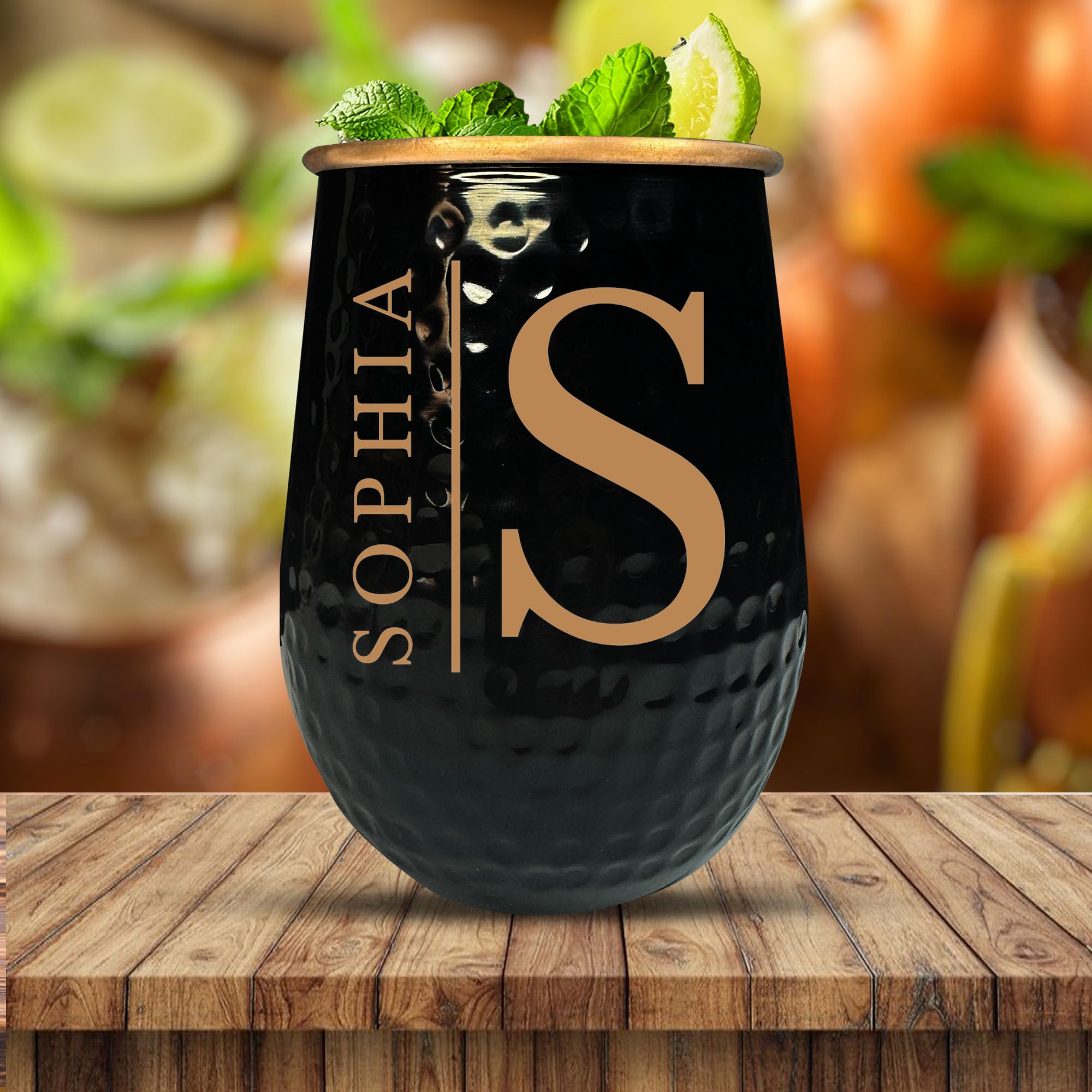 Custom The Grip Mule Pure Copper Moscow Mule Mug with Personalized Bold Horizon Monogram Theme Engraving for the Palm of Your Hand | Cold Drinks Only | No Handle | 1 Cup | 18 Oz | Black