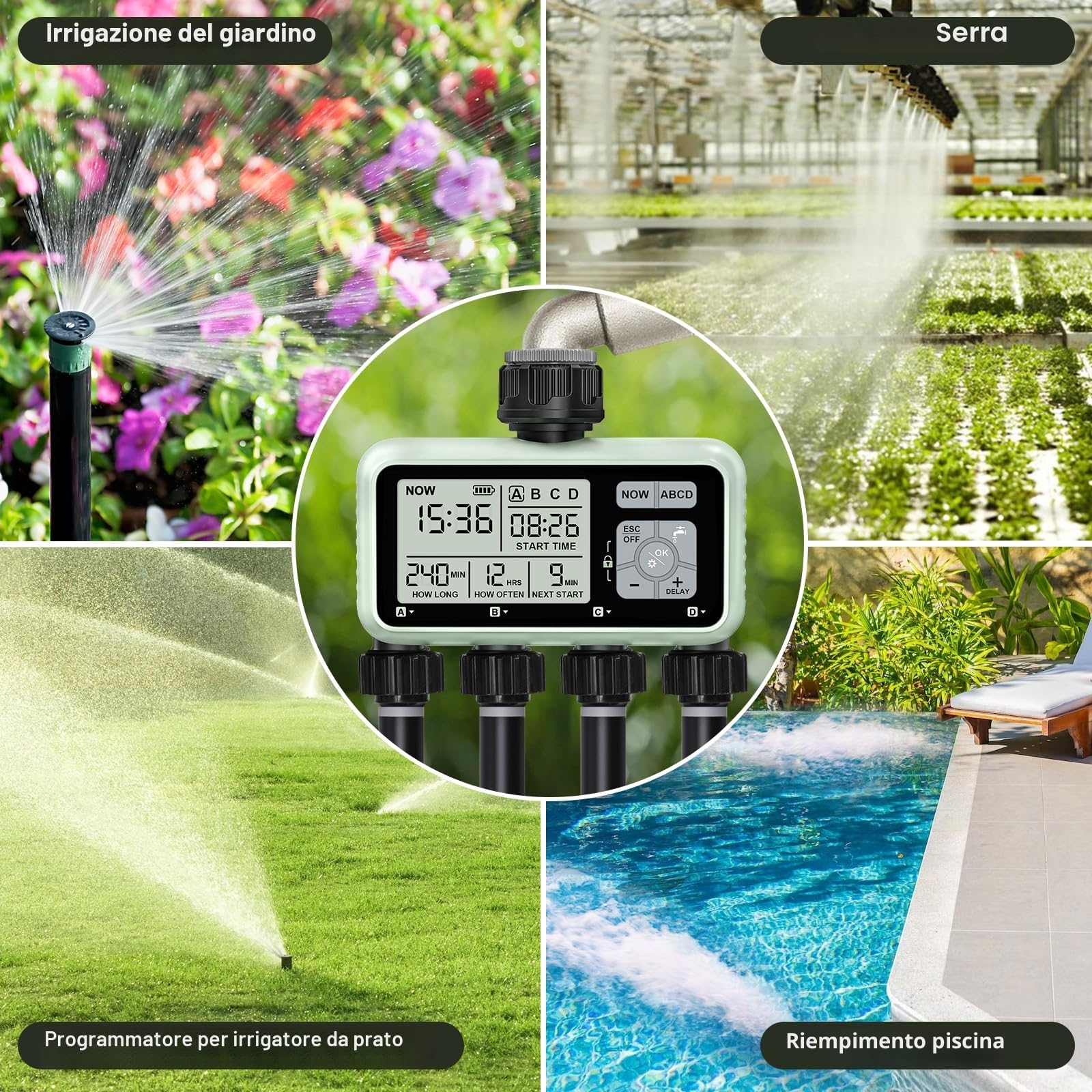 Johgee Computer di irrigazione con 4 uscite controllate indipendentemente, orologio di irrigazione digitale con display LCD, controllo di irrigazione automatico/manuale