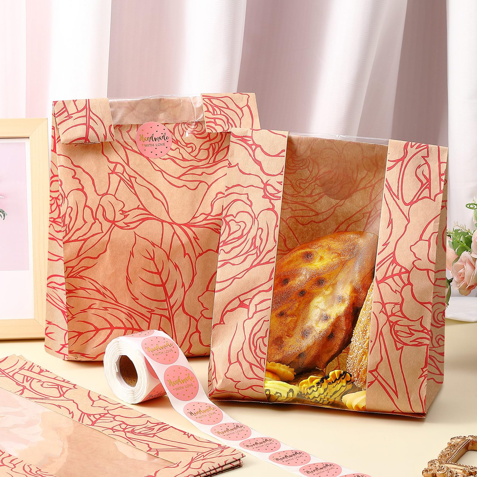 Paquete de 100 bolsas de pan a granel para pan casero, bolsas de pan kraft de masa madre con 500 calcomanías de amor, bolsas de papel grandes con ventana transparente para almacenamiento de