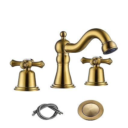 RKF Brass Two Handle Widespread Bathroom Sink Faucet with METAL Pop-up Drain with overflow and CUPC Supply Hoses,Brushed Gold,CWF033-BG