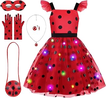Girls Ladybug Dress Kids Lady Bug Costumes Dress Up Set | Soft and lightweight fabric, pure cotton lining and 4-layer skirt; for Halloween, ladybug themed party, daily dress-up