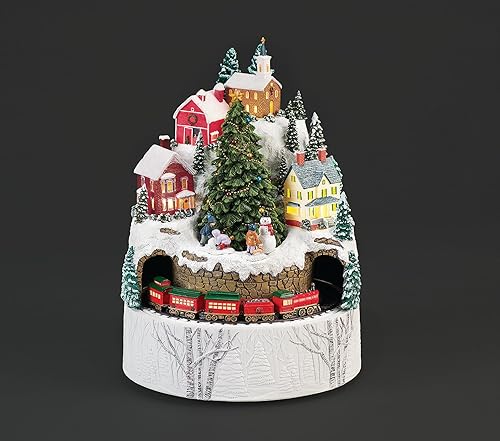 Miniatura 2 de Roman, Aldea montañesa de invierno iluminada de 11.25 pulgadas de alto con tren giratorio, caja de música navideña, diversiones, detalles para el
