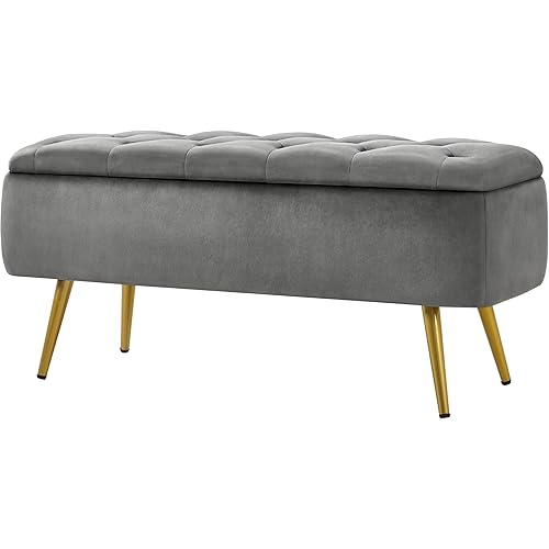 Yaheetech Ottoman, Velvet Footrest Ottomans, 42 Inch Ottomans with Gold Legs, Window Ottoman for Living Room Bedroom Entryway, Gray