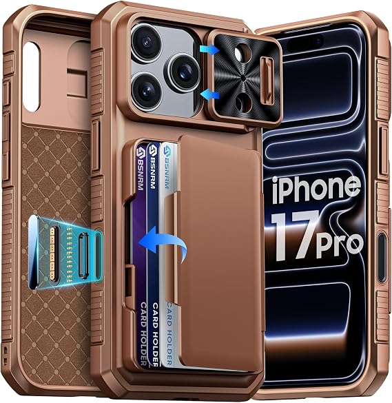 for iPhone 17 Pro Case Wallet, Built-in Card Holder (4-5 Cards), RFID Blocking,Camera Control Button, Slide Camera Cover, Shockproof Rugged Phone Case for iPhone 17 Pro, Sandy Gold