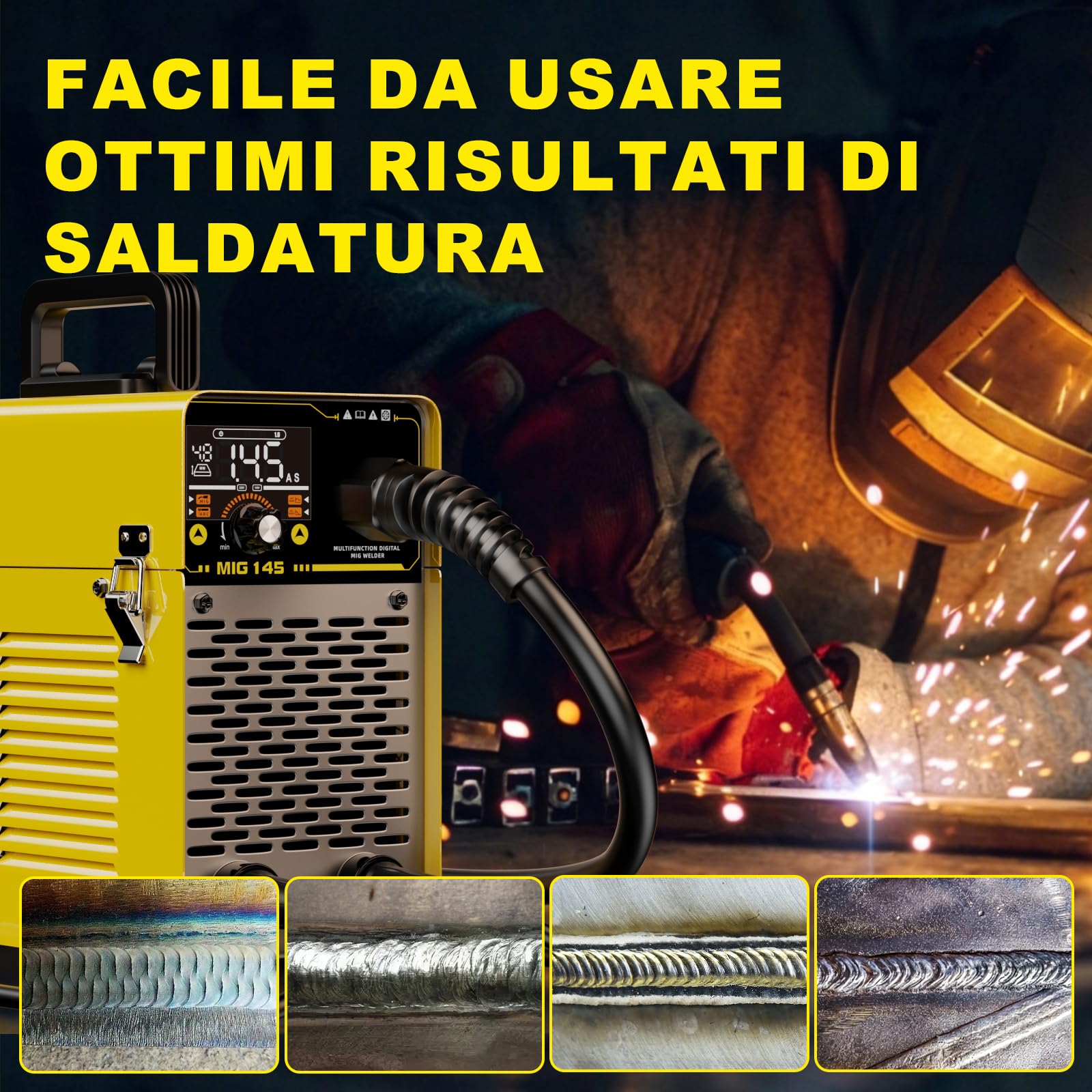 HAXIAOER 145A Saldatrice a Filo Continuo No Gas, 3 In 1 ARC/Flux MIG/MMA Lift TIG Saldatrice MIG con Luce LED, Compatta Saldatrice a Inverter, Avanzamento Filo Sinergico