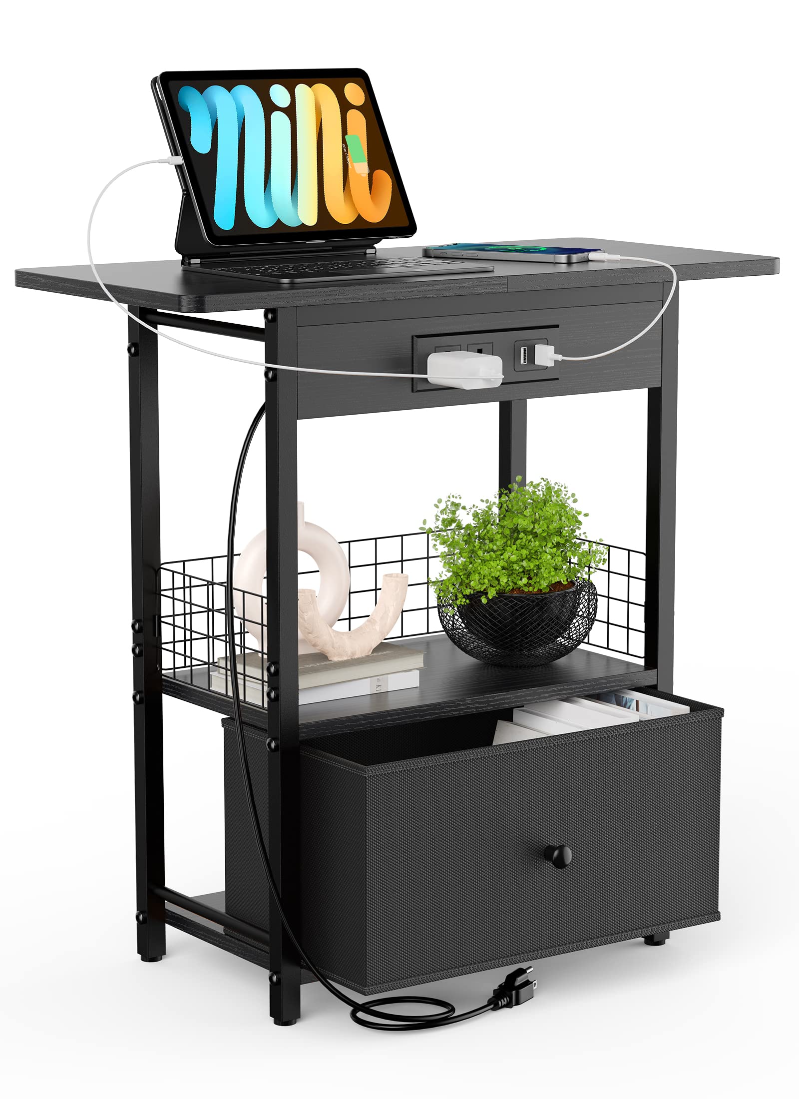 End Table with Charging Station, 25.5” Sofa Side Table Plug in with USB Ports and Outlets, Nightstand with Cloth Drawer, Bedside Table with Open Shelf for Bedroom, Study, Home, Narrow Spaces,Black