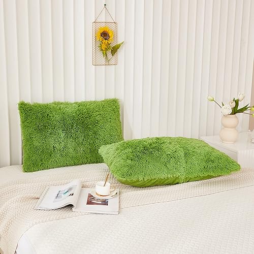 Miniatura 4 de Juego de 2 fundas de almohada esponjosas de piel sintética, terciopelo lanudo verde manzana, tamaño estándarqueen, cierre de cremallera
