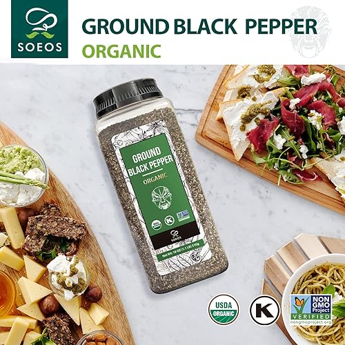 Miniatura 4 de Soeos Pimienta negra orgánica molida, 18 onzas (17.99oz), sin OMG, orgánica, recién empaquetada para mantener los pimientos frescos, pimienta negra