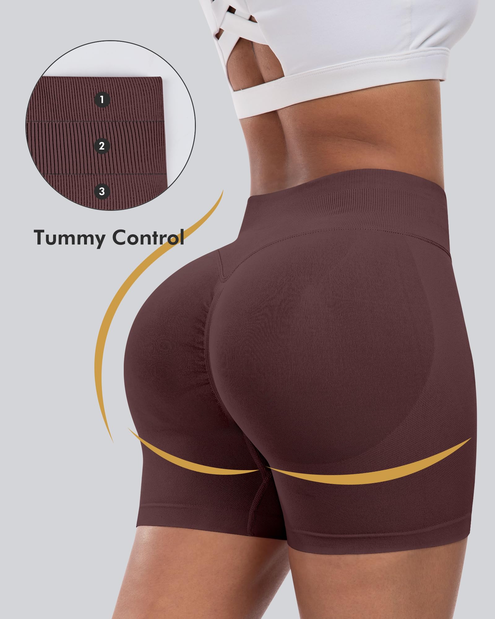 CHRLEISURE Workout Gym Biker Shorts, High Waisted Butt Lifting Scrunch Butt Sports Seamless Shorts Sets 4 Piece (2BlackBrownCassis,L)