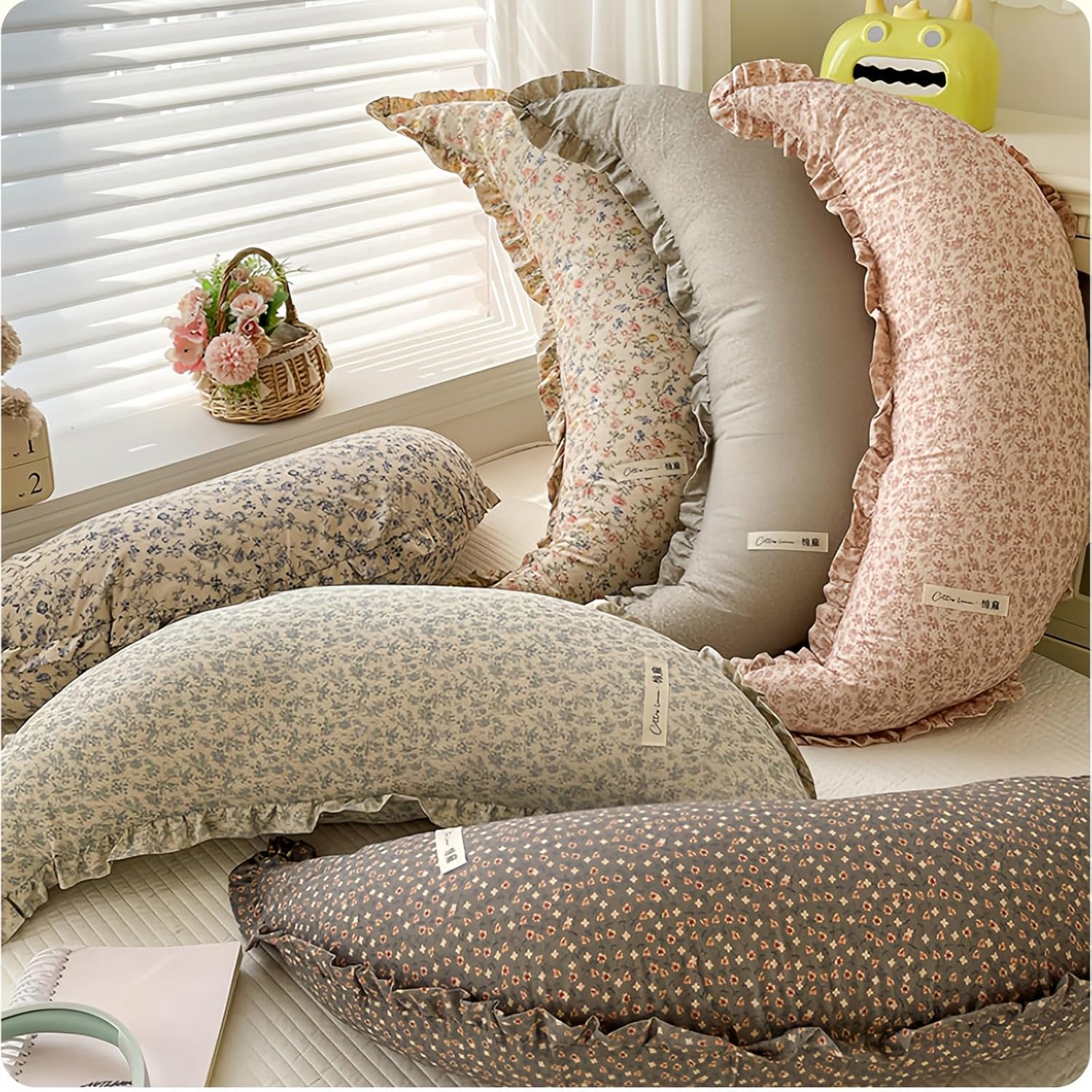 Cotton Linen Crescent Moon Body Pillow with Removable Washable Cover, Soft Support Pillow for Side Sleepers, Adults, Pregnancy and Lumbar Rest (Mottle)