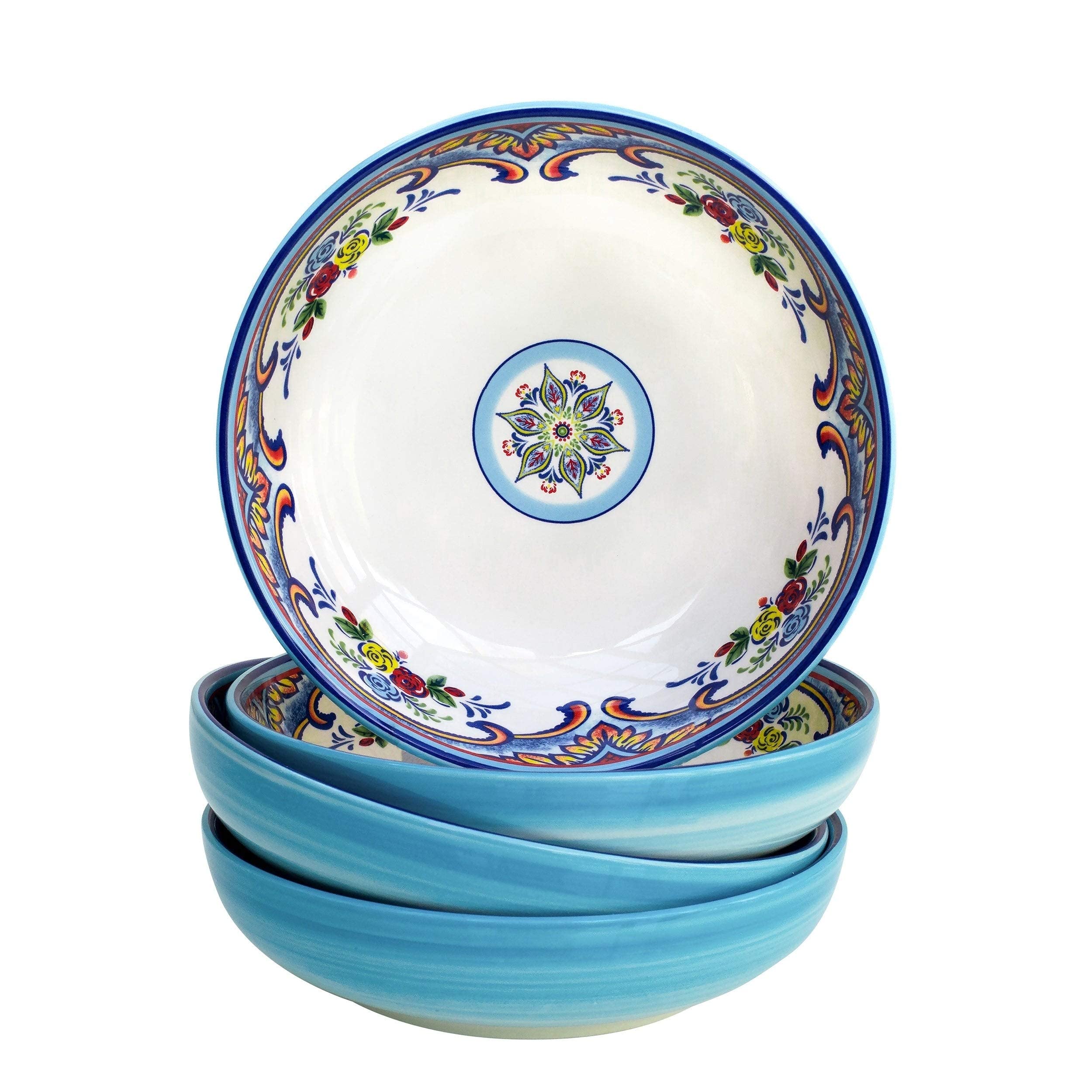 Euro Ceramica Zanzibar Collection Pasta Bowl Sets, Set of 4, Spanish Floral Design, Multicolor Blue (Single PacK), YS-ZB-1001-5-5
