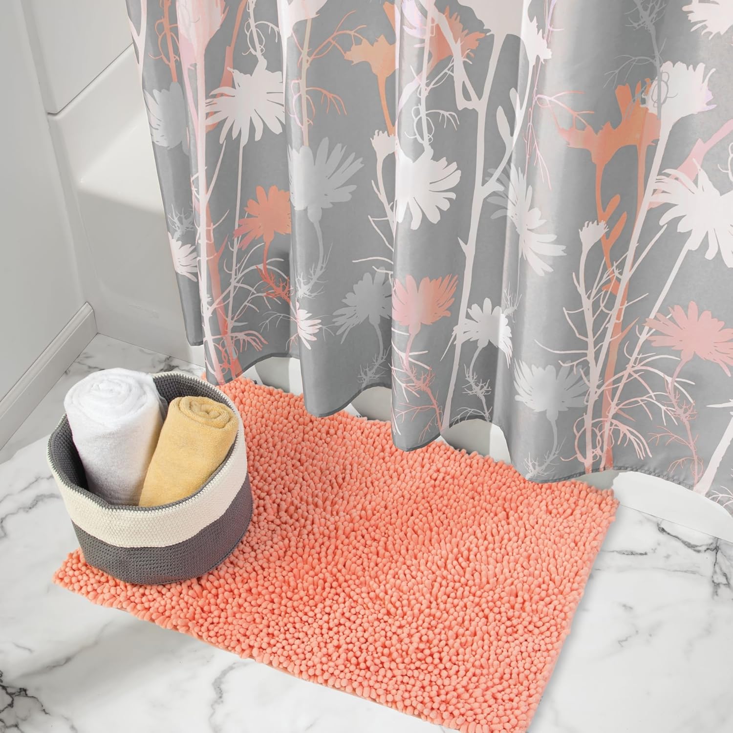 iDesign Fabric Daizy Shower Curtain for Master, Guest, Kids', College Dorm Bathroom, 72" x 72", Gray and Coral