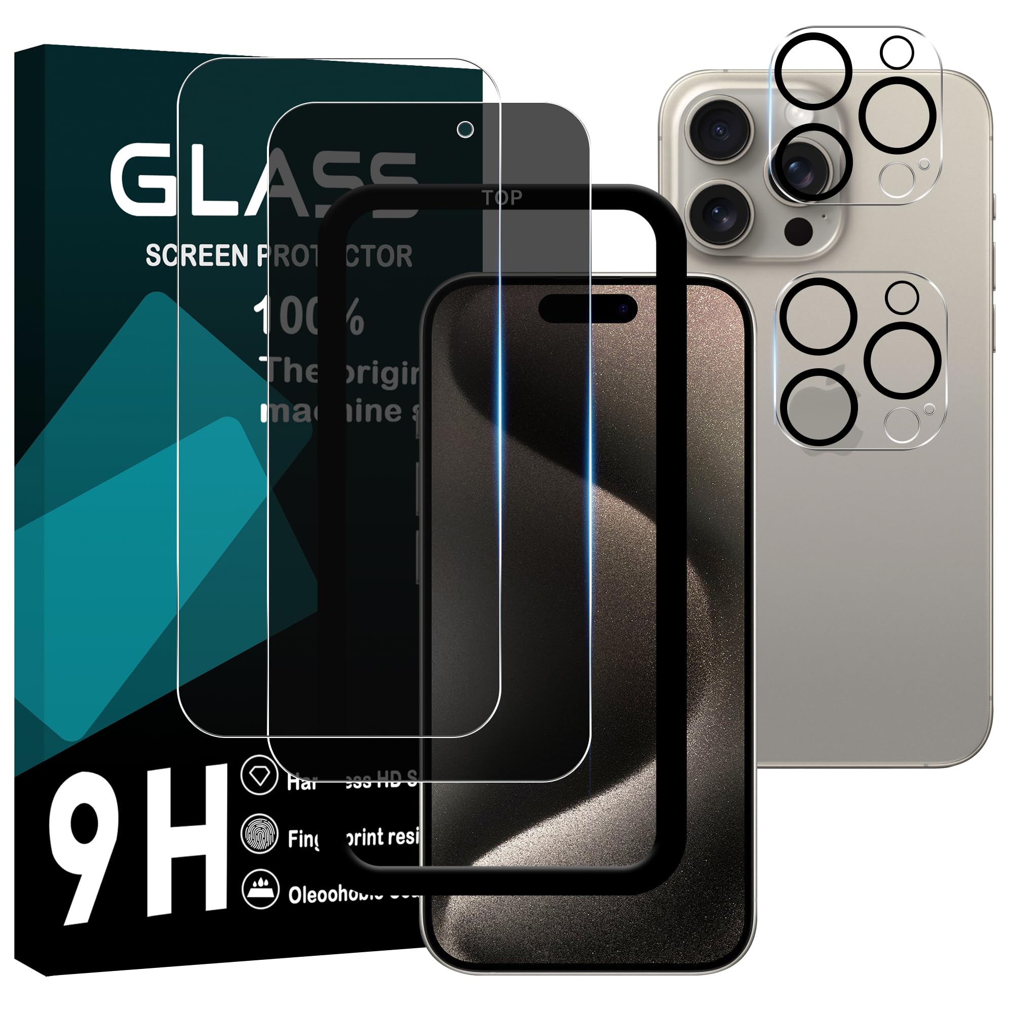 対応 iPhone 15 Pro Max ガラスフイルム 6.7インチ 国産旭硝子【透明強化ガラス1枚 / 覗き見フィルム1枚 /レンズ保護フィルム2枚】 ガイド枠付き iphone15 pro max フイルム アイホン15 pro max 液晶 保護フィルム アイフォン15プロマックス プライバシーフィルム 強化ガラス 【 硬度9H 飛散防止 超薄 高感度 指紋防止 ラウンドエッジ加工 】
