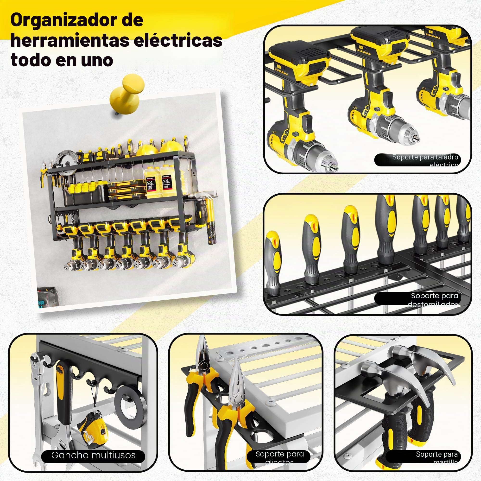 Hipidian Organizador de Pared 3 Niveles para Herramientas Eléctricas - Soporte con 7 Portabrocas y 68 kg Capacidad, Almacenaje en Acero para Taller, Garaje y Trastero
