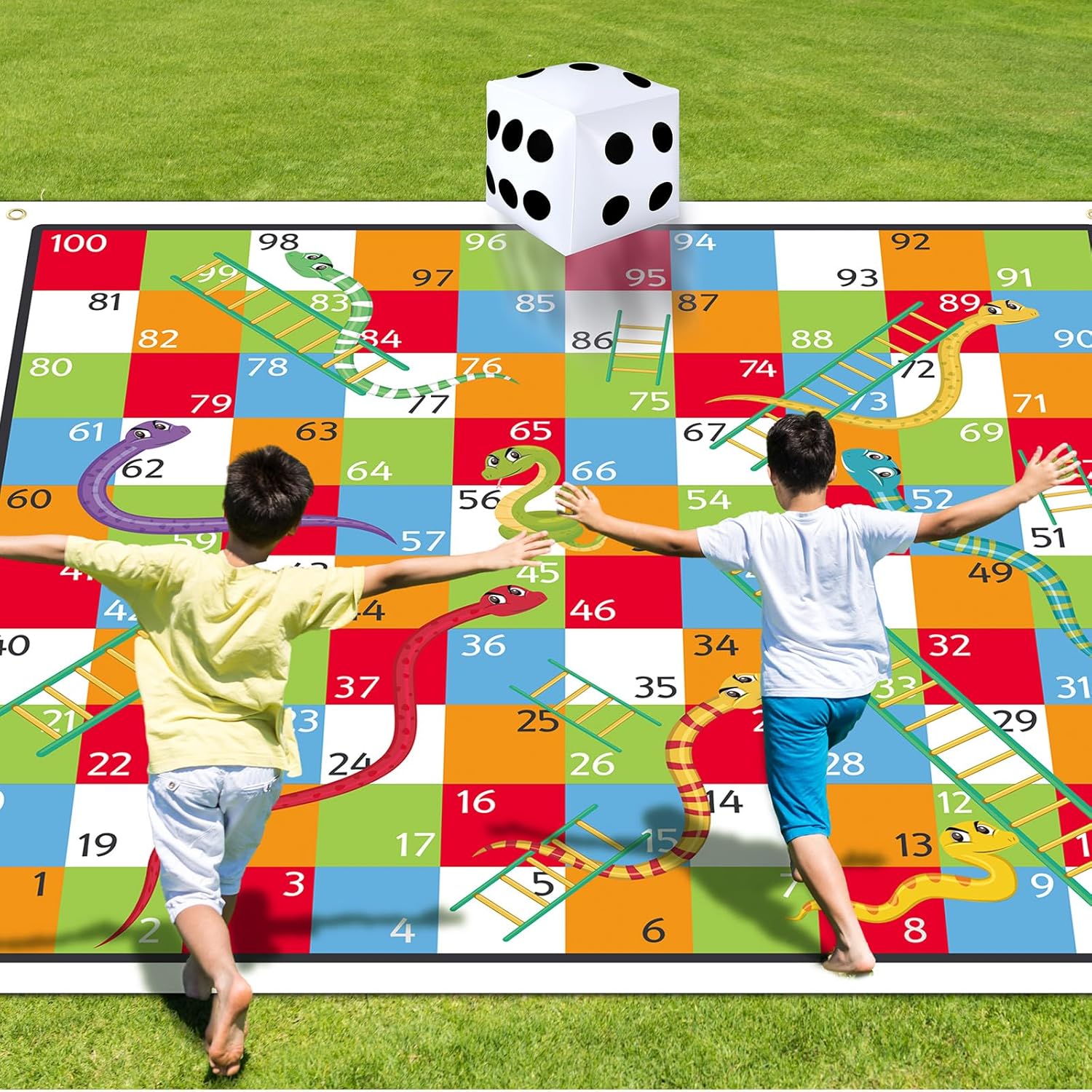Realspring 9.8 ft Giant Snakes and Ladders Game Playing Mat with 6 Nails 14 Inch Inflatable Dice and Storage Bag Floor Snake and Ladder Board Game Big Size for Both Indoor and Outside