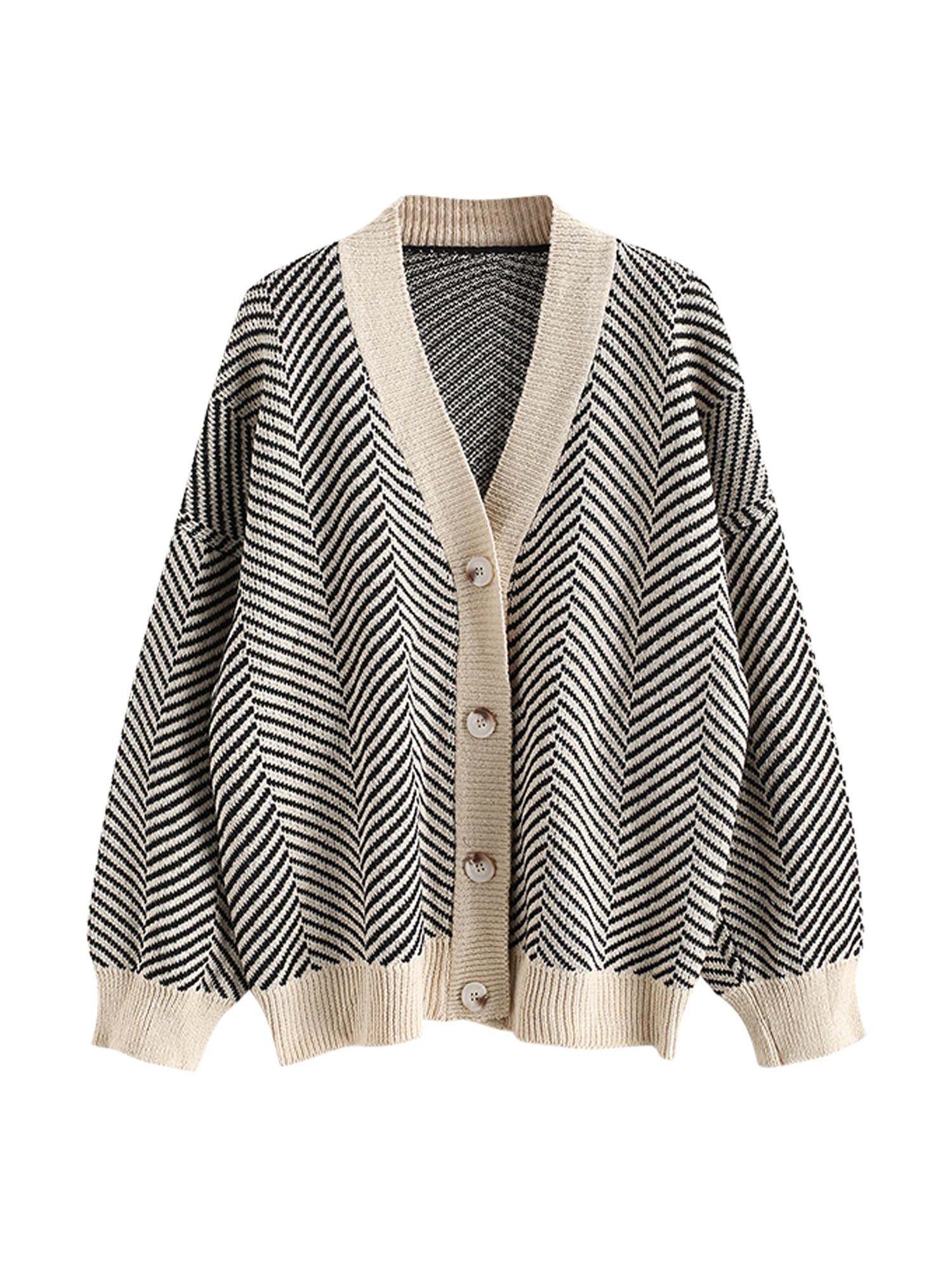 ZAFUL Womens Striped Cardigan Long Sleeve Button Up Open Front Knit Oversized Sweater
