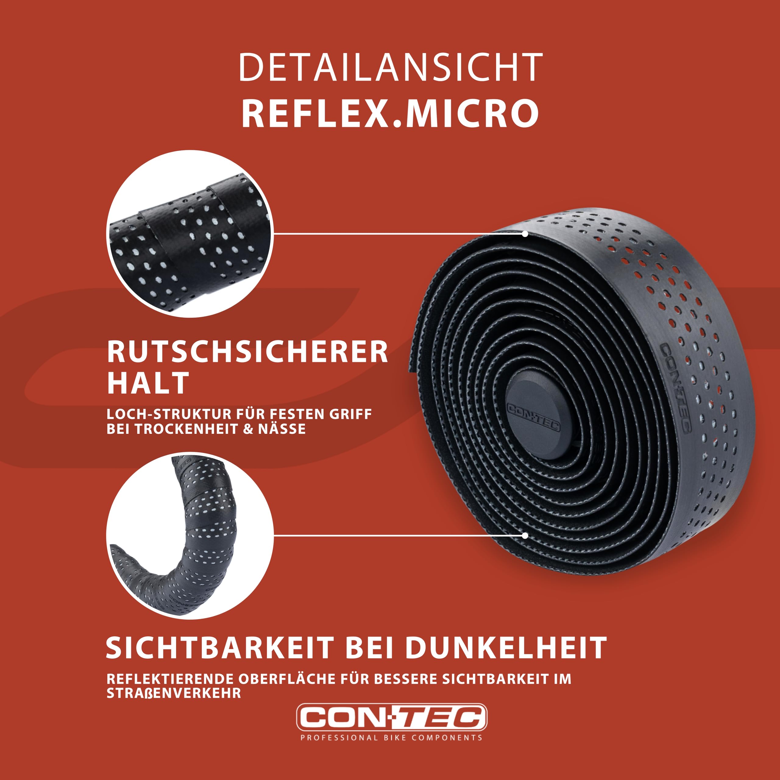 CONTEC Lenkerband Reflex.Micro, 2000x30x2,5 mm, aus Polyurethan und Schaummatrix, selbstklebend und rutschsicher, mit Klebestreifen und 2 Lenkerstopfen, Paar, schwarz reflektierend