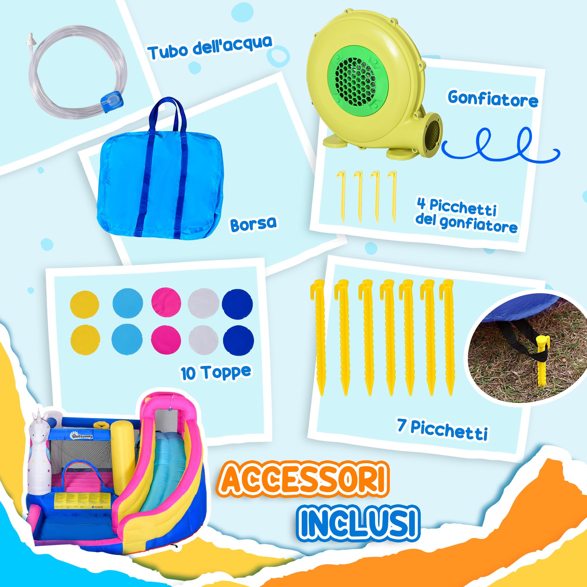 Outsunny Castello Gonfiabile per Bambini 4 in 1 con Trampolino, Scivolo, Piscina, Canestro Basket, Gonfiatore, Borsa da Trasporto, Tema Unicorno, Gioco Gonfiabile per 3 Bambini 3-8 Anni, 360x305x210cm