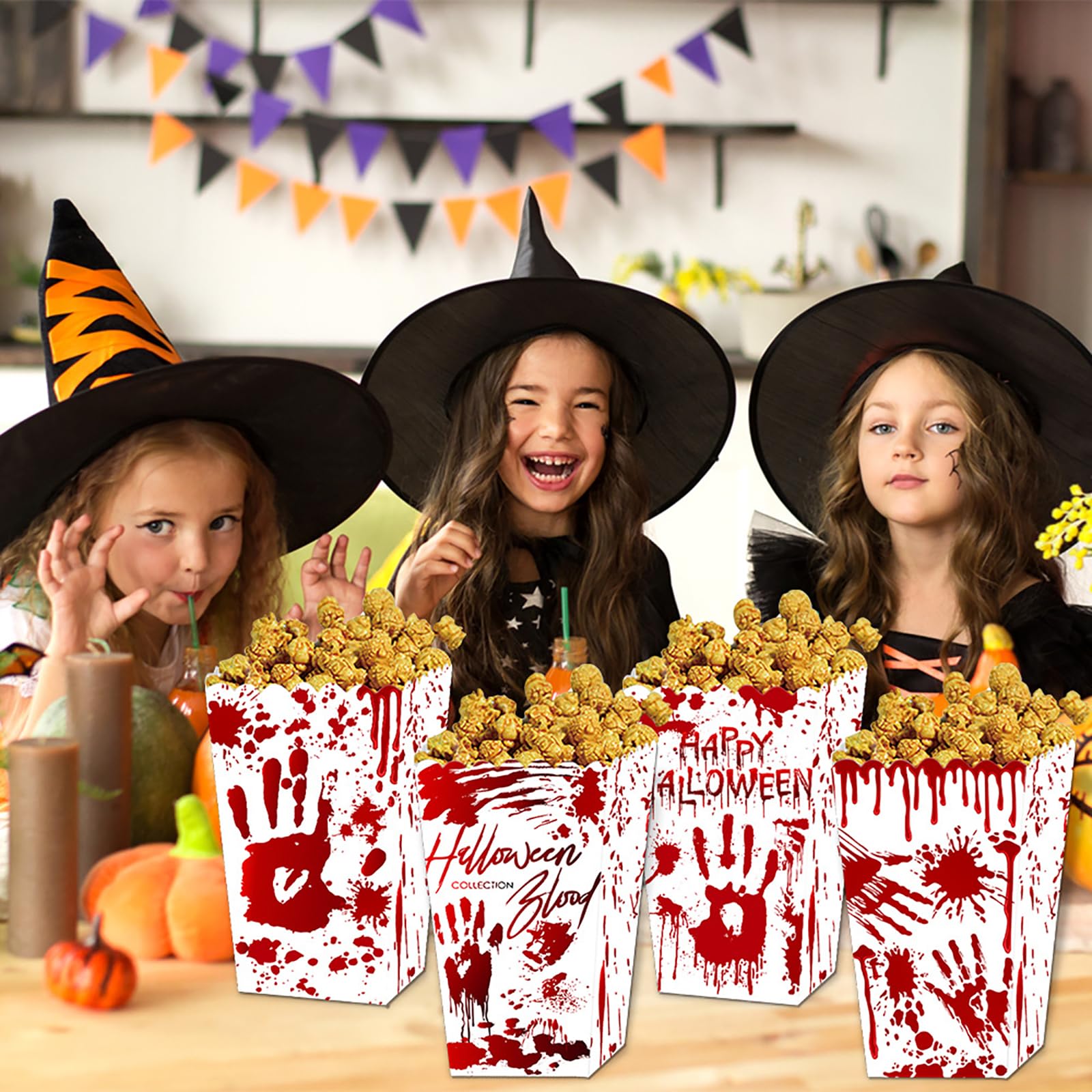 12 Pcs Popcorn Boxes Blood Handprint Halloween Party Movie Night Supplies Red White Disposable Paper Containers Decorations Accessories