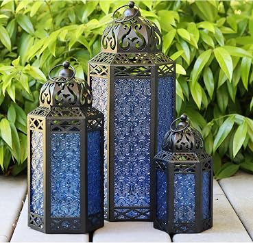 VELA LANTERNS Set of 3 Cobalt Blue Glass & Black Metal Moroccan Candle Lantern Holders XL, Large, Small - Decorative Indoor/Outdoor Decor for Patio, Floor, Weddings & Ramadan