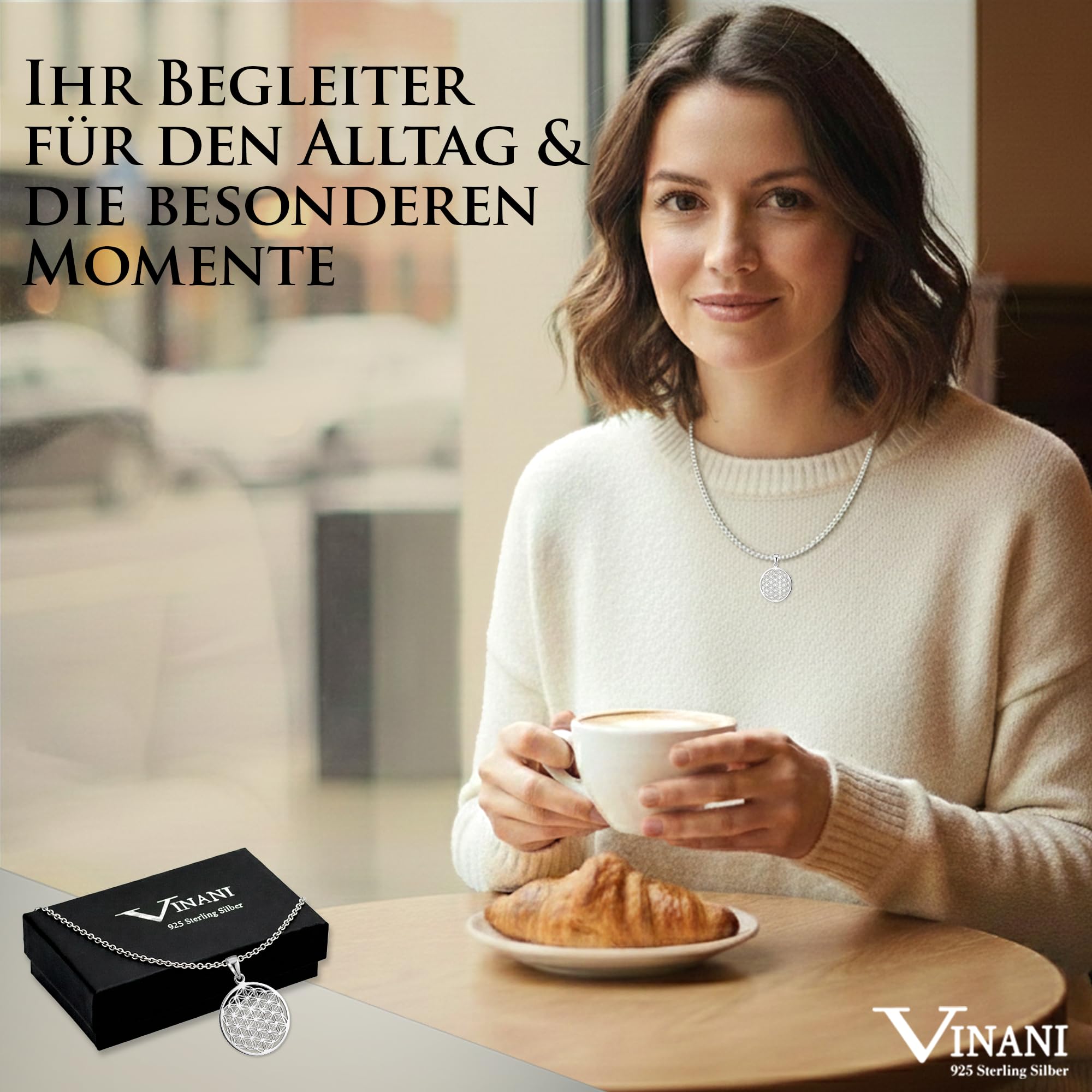 Vinani Lebensblume Damen Anhänger mit Erbskette Sterling Silber 925 (ALB-T) | Lebensblume Anhänger aus 925 Sterling Silber mit Erbskette aus Italien, nickelfrei, glänzend.
