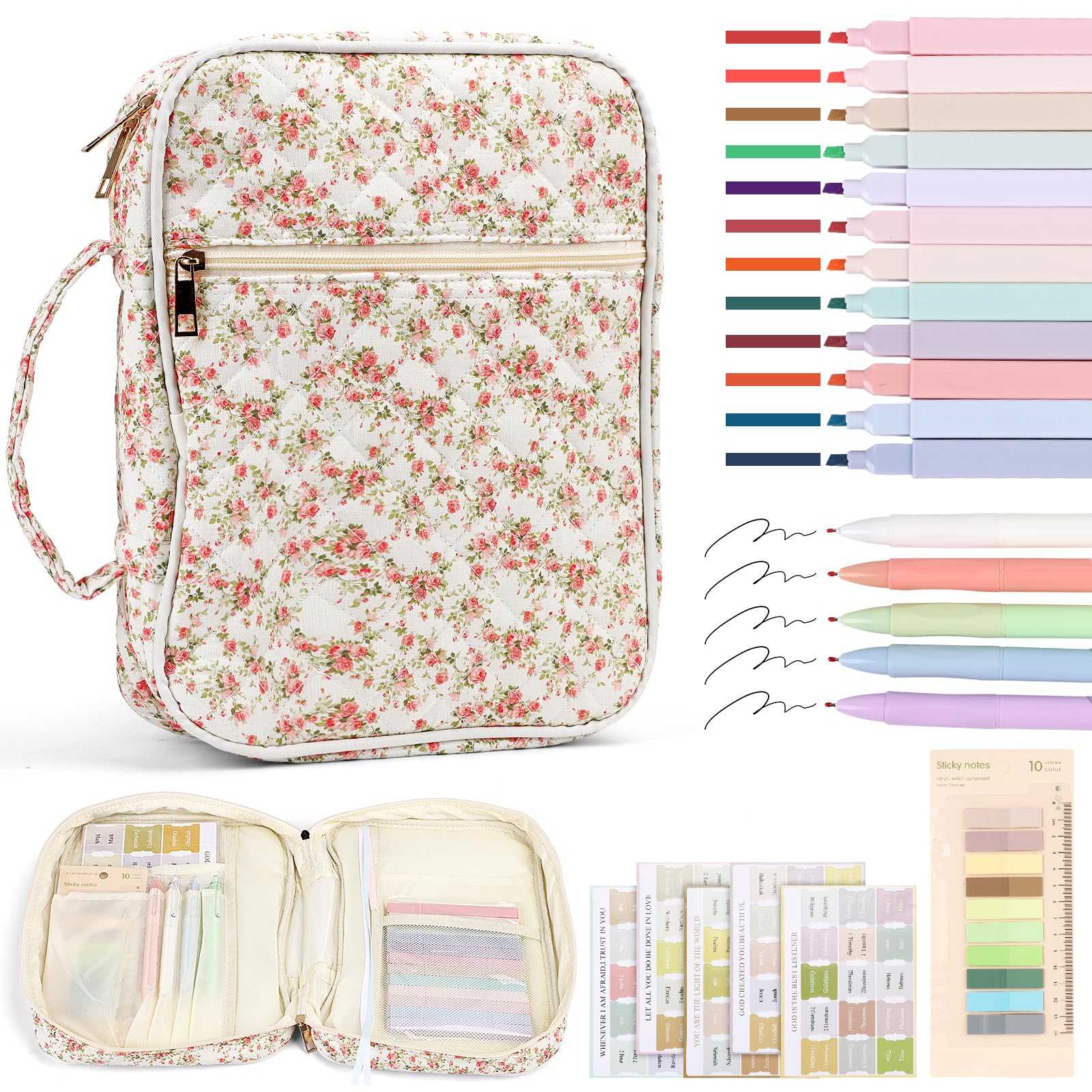 Clyfanesy Flower Bible Cover Case for Women,Floral Bible Study Supplies with 12 Colored Highlighters,Large Capacity Bible Carrying Bag Set,Bible Bag Study Kit for Daughter Friends Teacher Nurse (Red)