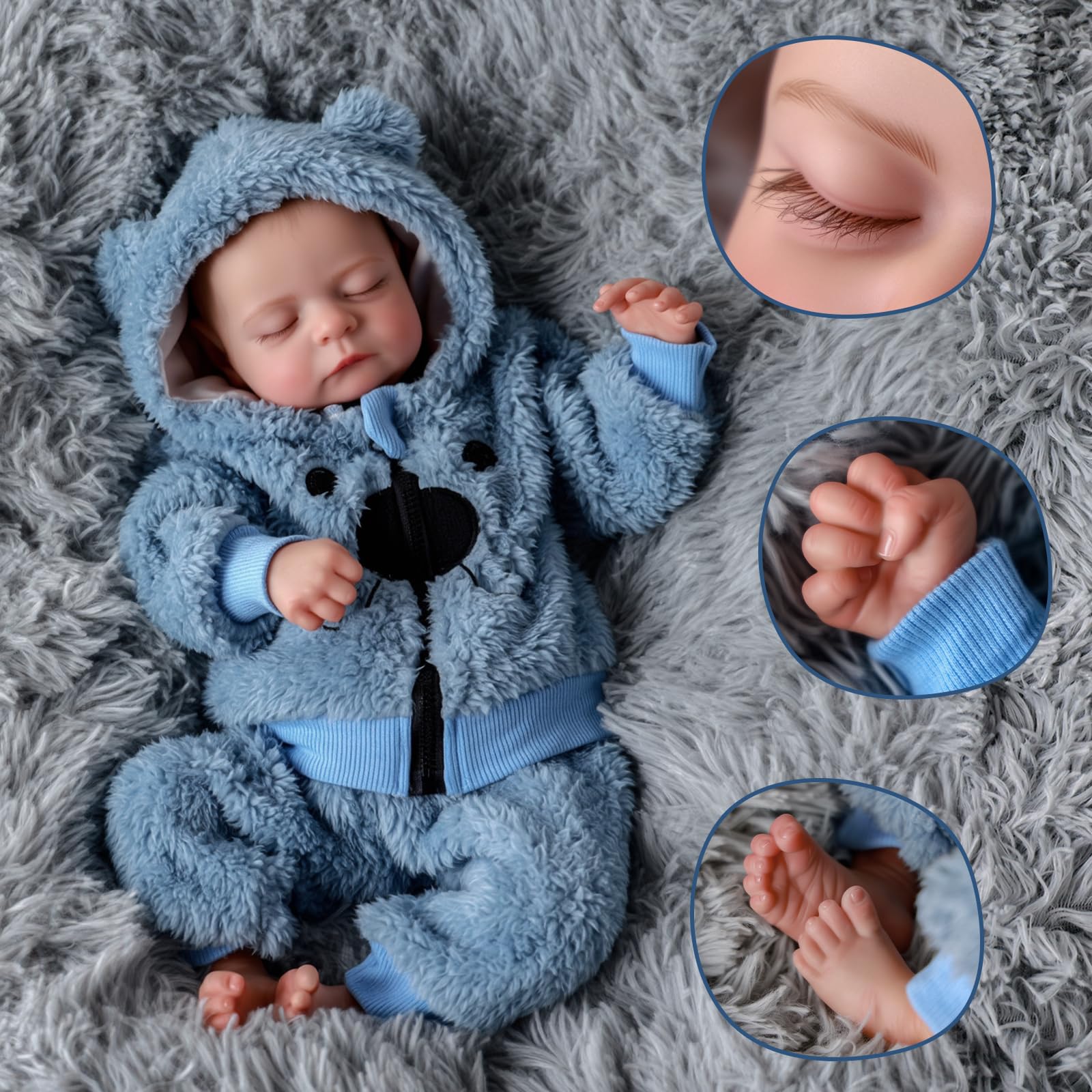JIZHI Reborn Baby Dolls Boy 20 Inch, Handmade Realistic Reborn Babies Wearing a Blue One-piece Bear Suit - Image 3