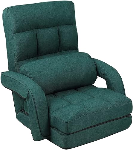 Miniatura 14 de FLOGUOR Silla de piso ajustable de 14 posiciones, tumbona para interiores, sofá plegable perezoso con reposabrazos y una almohada acolchada para