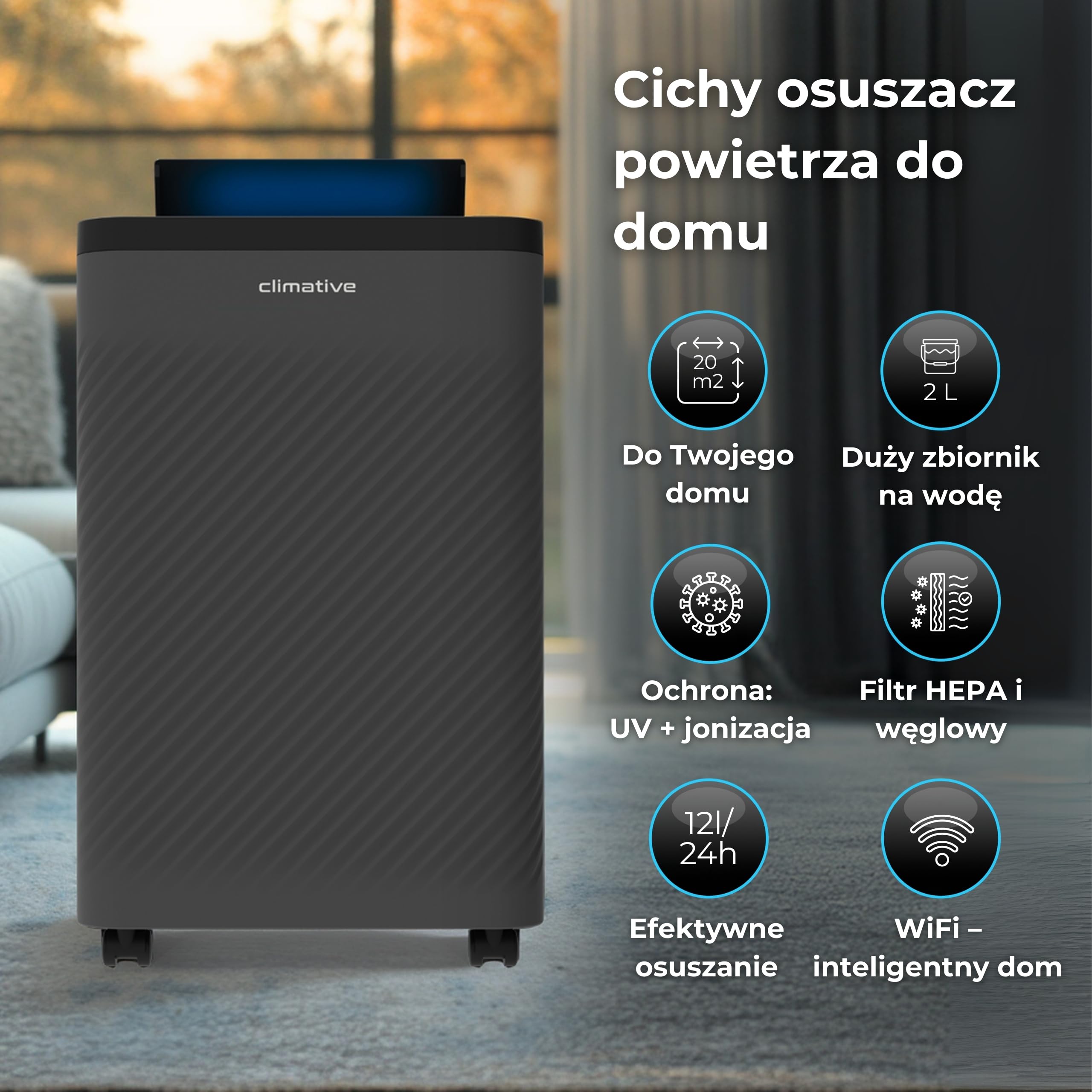 elektryczny osuszacz powietrza 12 l/24 h z filtrem HEPA i węglowym, WiFi Smart Home, oczyszczacz powietrza Nexi ION UV, osuszacz powietrza do domu, mieszkania, łazienki i salonu do 20 m²