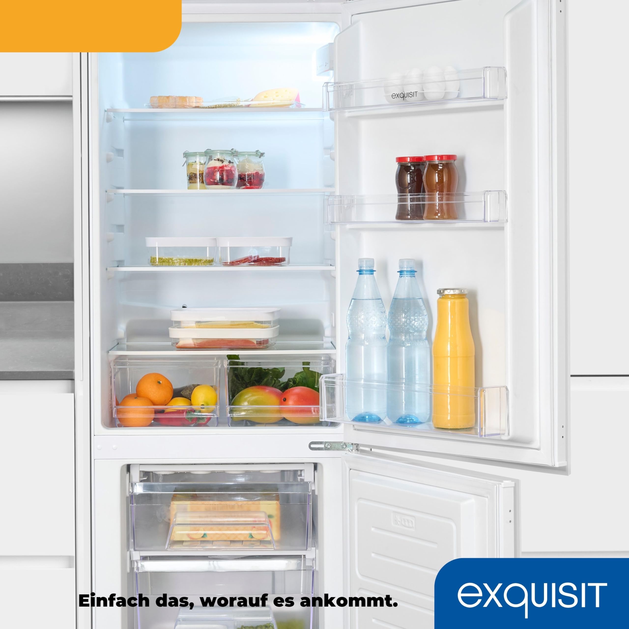 Exquisit Einbau-Kühl-Gefrierkombination 212 L, 145 cm, Klasse E | Schlepptürmontage für nahtlose Küchenintegration – 4-Sterne-Gefrierfach, 39 dB, ideal für 3–4 Personen