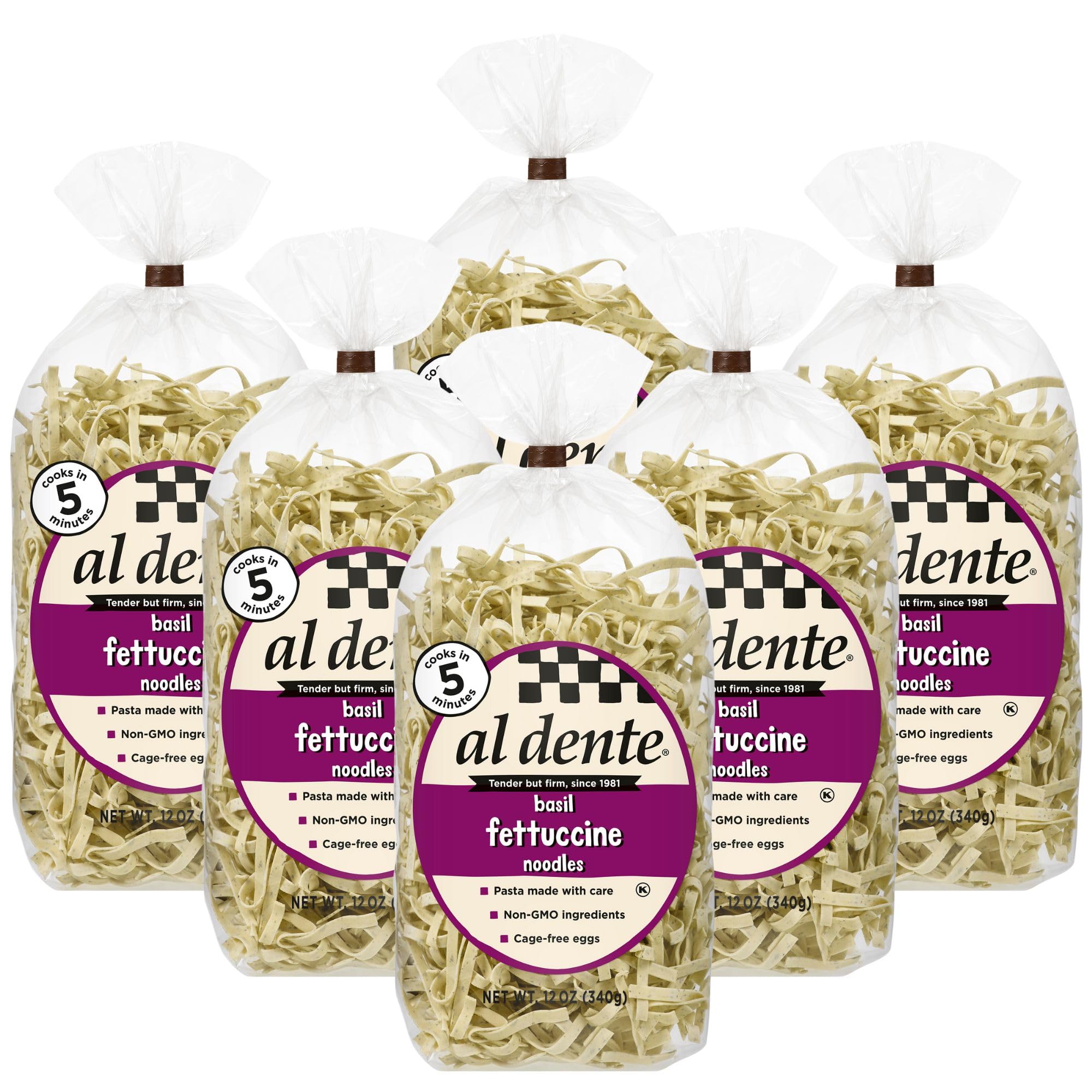 Al Dente Basil Fettuccine – All-Natural, Hand-Crafted Egg Pasta - Delicious And Versatile - Traditional Noodles Made With Cage-Free Eggs, Semolina, and Basil, 12oz Bags (Pack of 6)