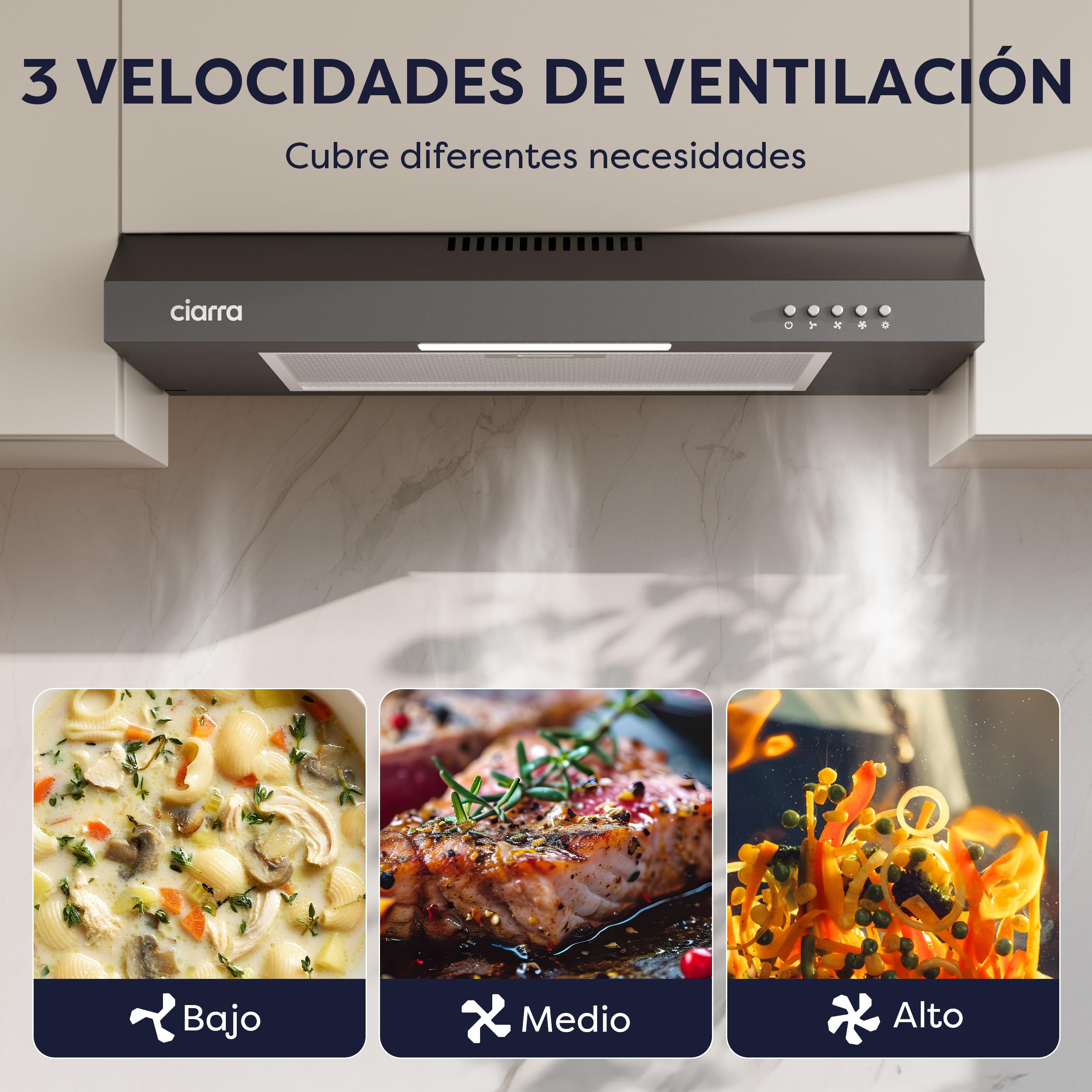 CIARRA CAB6903B Campana Extractora 60 cm Extractor Cocina 220m³/h 75W 3 Velocidades Cocina extractora integrada with Filtros de Aluminio