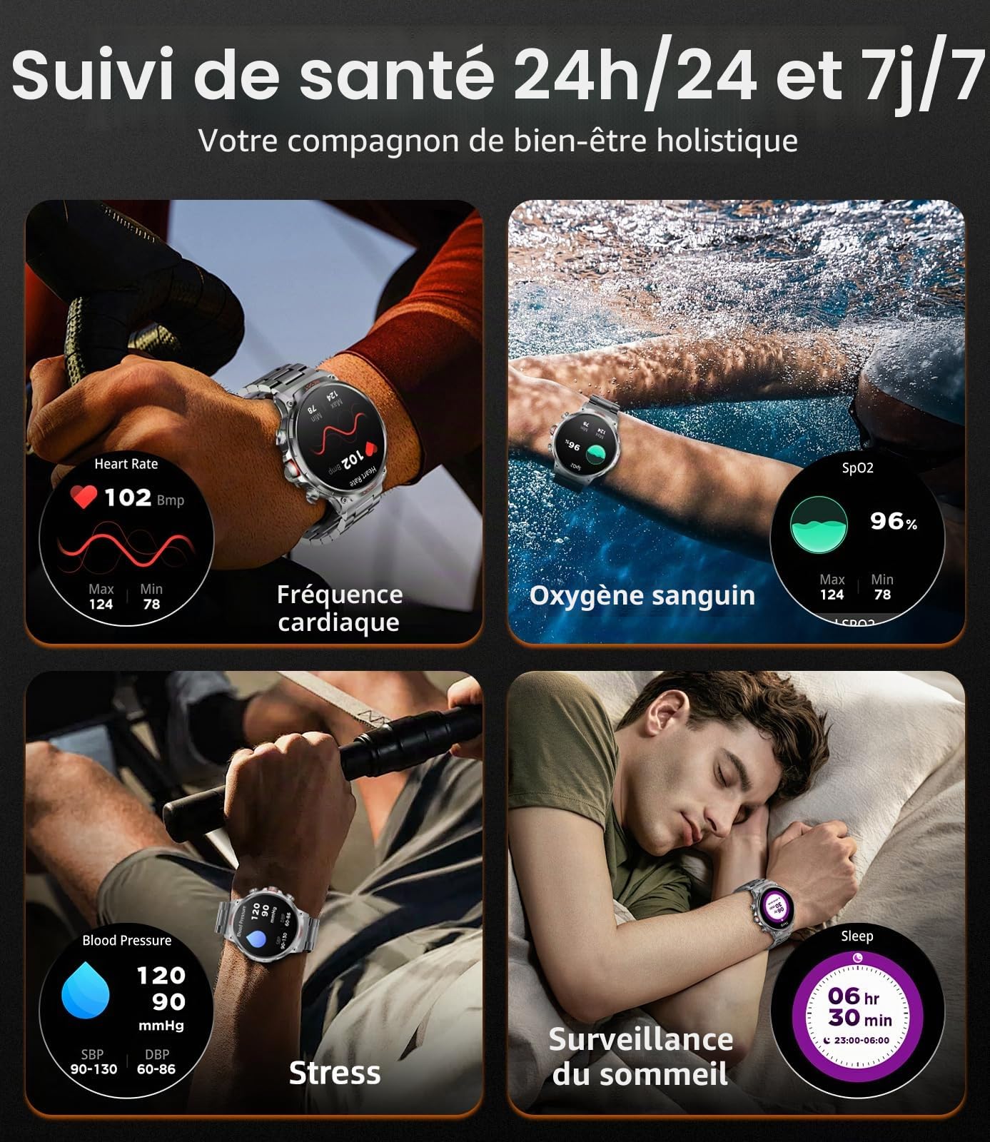 WalkerFit M6MAX Montre Connectée Homme Militaire 1,85" HD – Appels Bluetooth, Batterie 710 mAh, Étanchéité IP68, Suivi Santé & Sport, Compatible Android iOS (Noir)