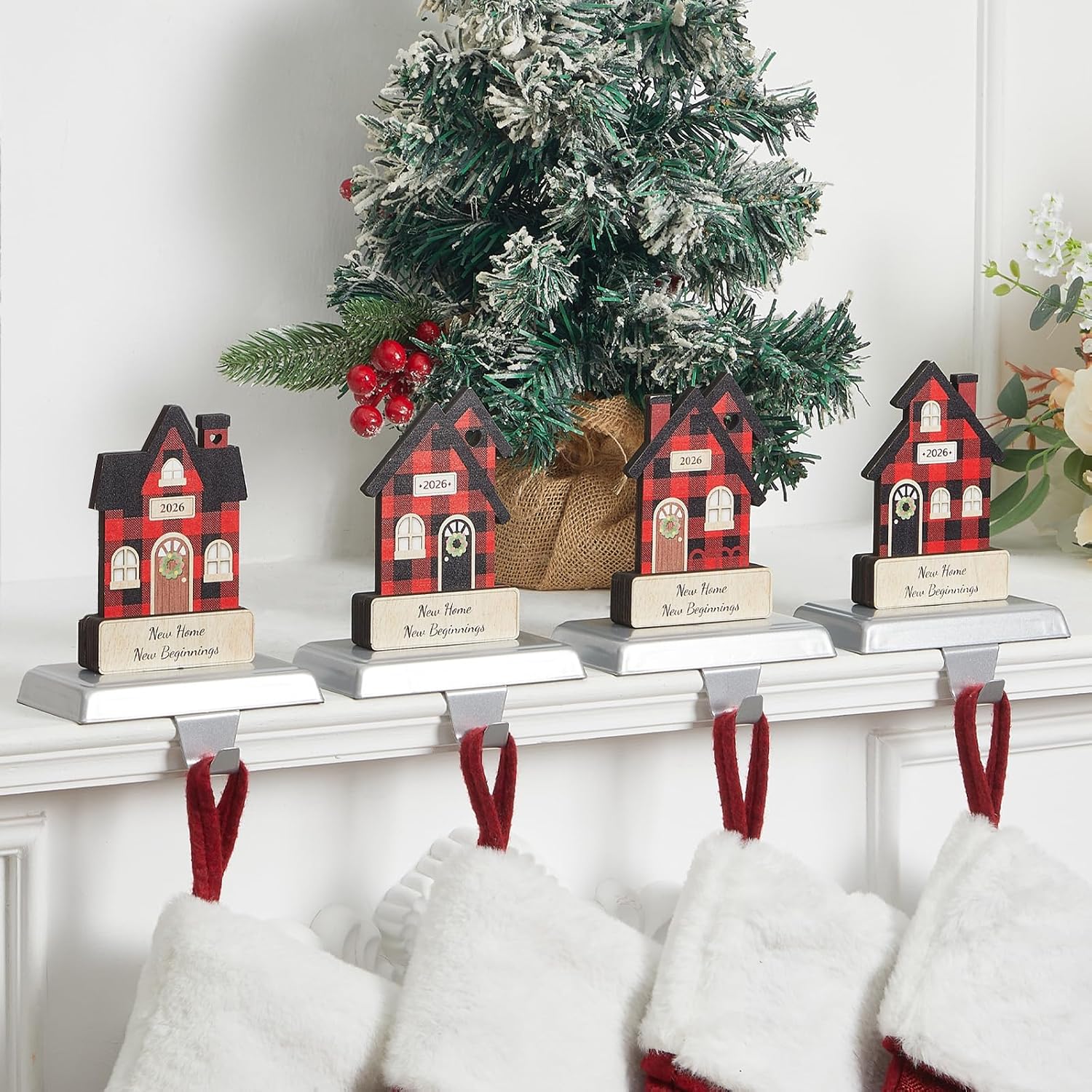 LEIFIDE New Home Christmas Stocking Holders for Mantel Set of 4 Christmas Wood House Stocking Hangers 2026 for Fireplace Xmas Standing Hooks Xmas Housewarming Gifts Counter Window New Home Decoration