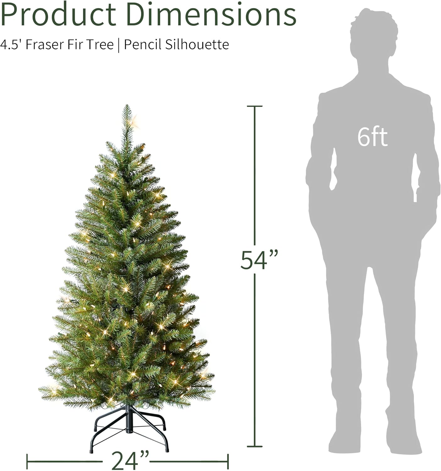 Puleo International 4.5ft Pre-Lit Fraser Fir Pencil Christmas Tree with 150 Clear Lights, 401 Realistic Dense Branch Tips, Easy Setup Artificial Trees with Sturdy Metal Stand